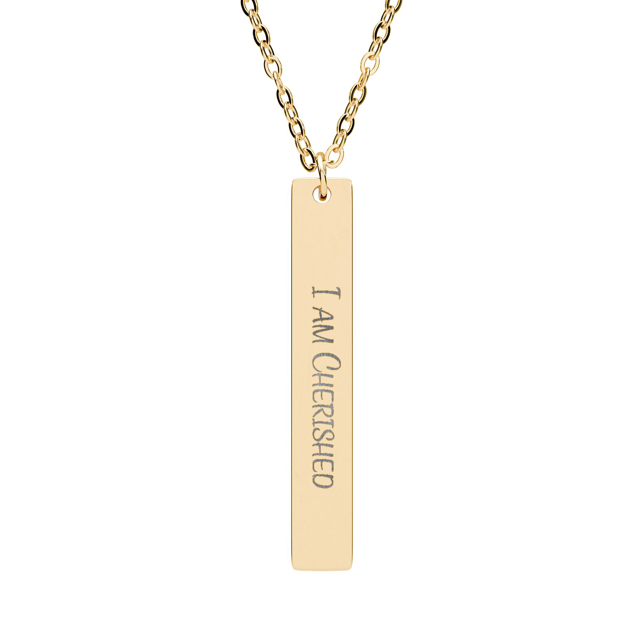 "I am Cherished" Engraved Vertical Bar Necklace in 18K Gold PVD finish