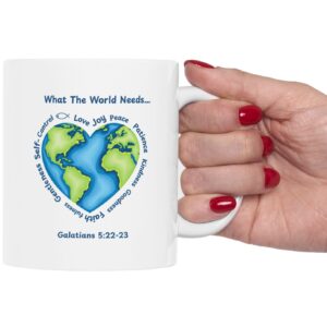 "What the World Needs..." Ceramic Mug held in female model hand