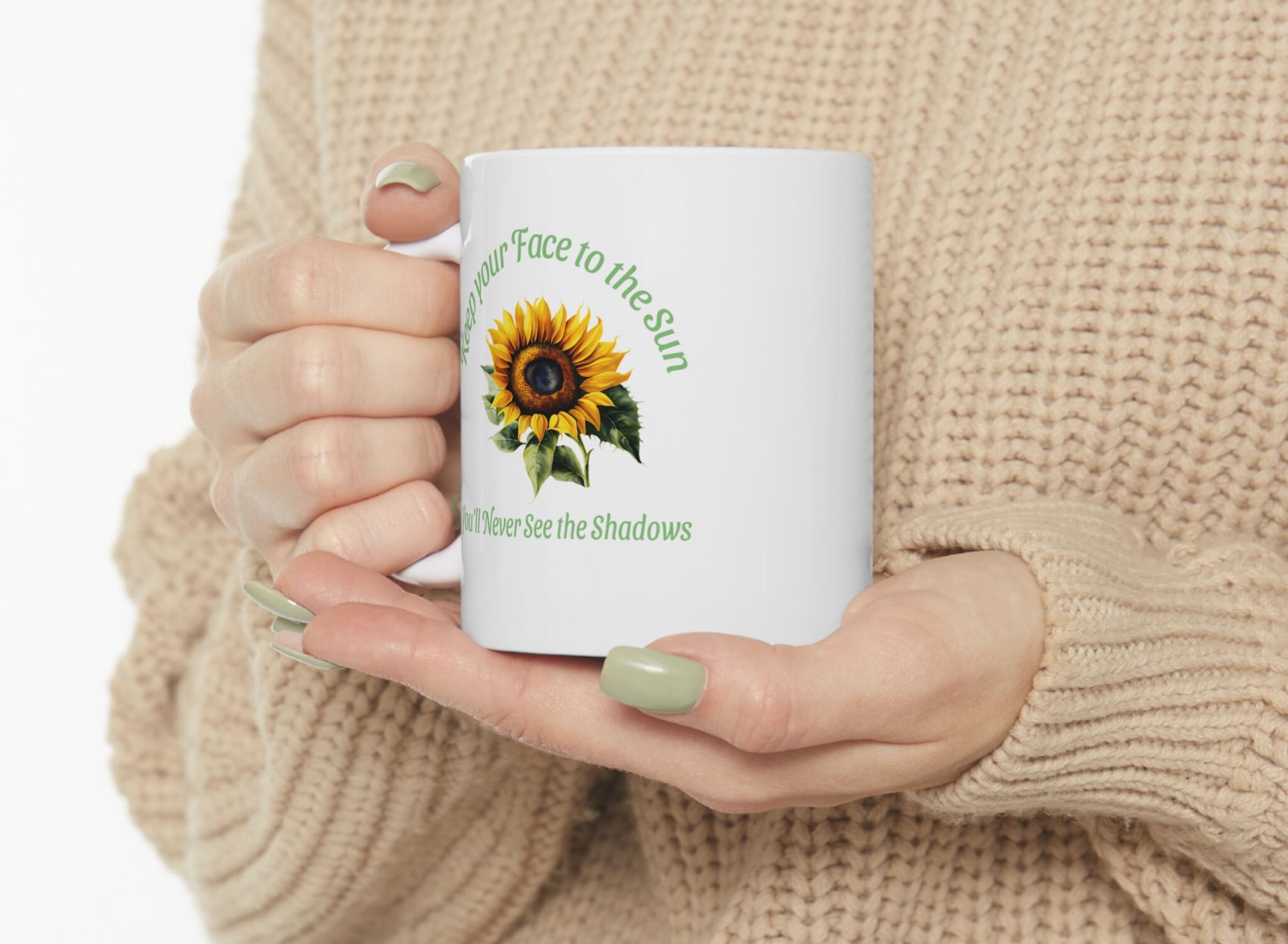 "Keep Your Face to the Sun" Sunflower Ceramic Mug held by female model