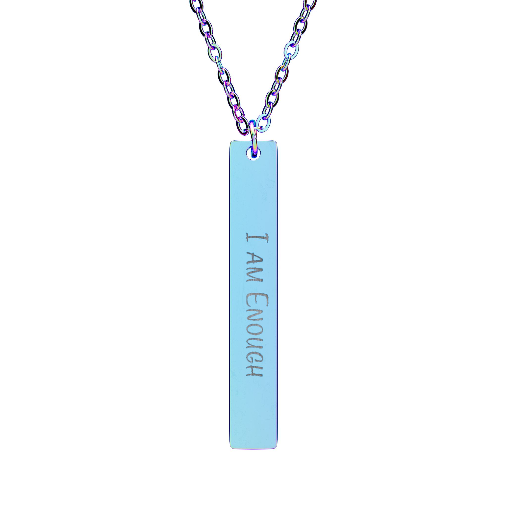 "I Am Enough" Engraved Vertical Bar Necklace in Rainbow PVD finish
