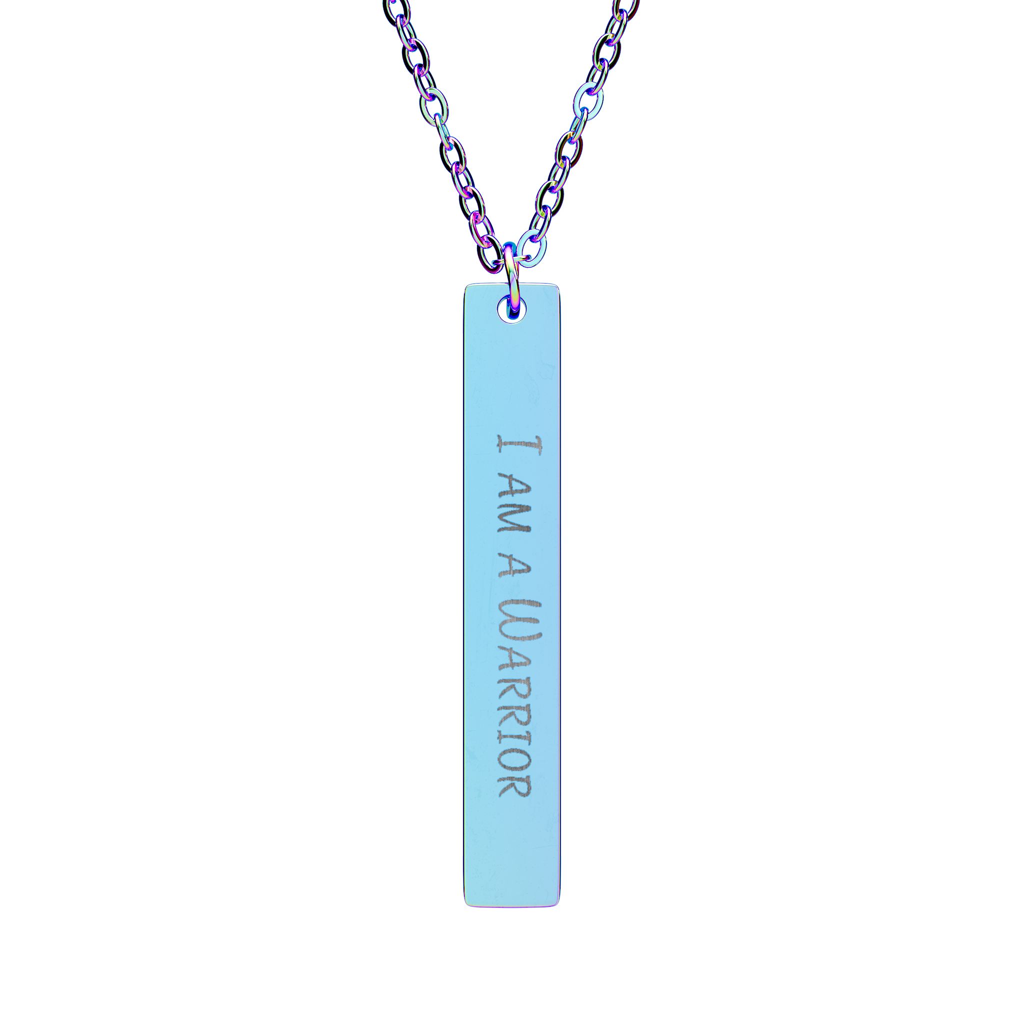 "I am a Warrior" Engraved Vertical Bar Necklace in Rainbow PVD finish