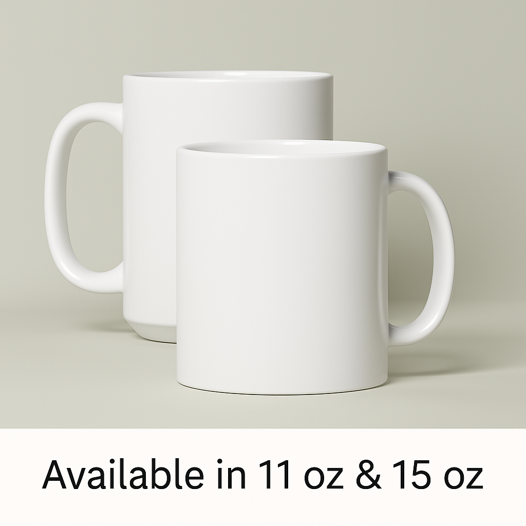 Plain mugs showing size difference between 11 & 15 oz.
