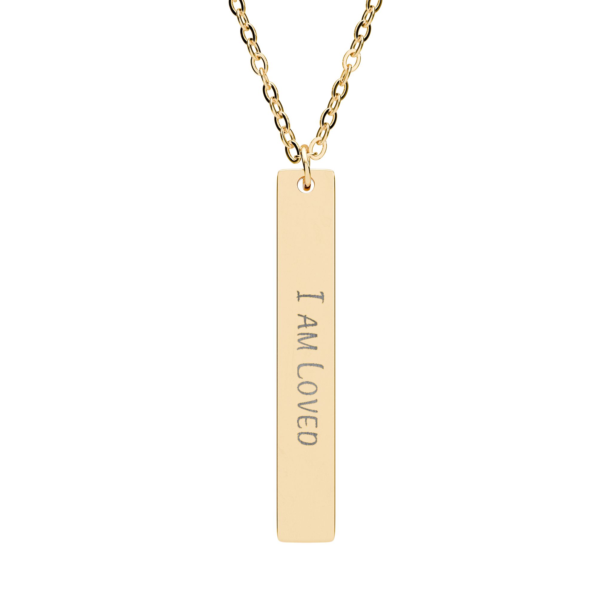 "I am Loved" Engraved Vertical Bar Necklace in 18K Gold PVD finish
