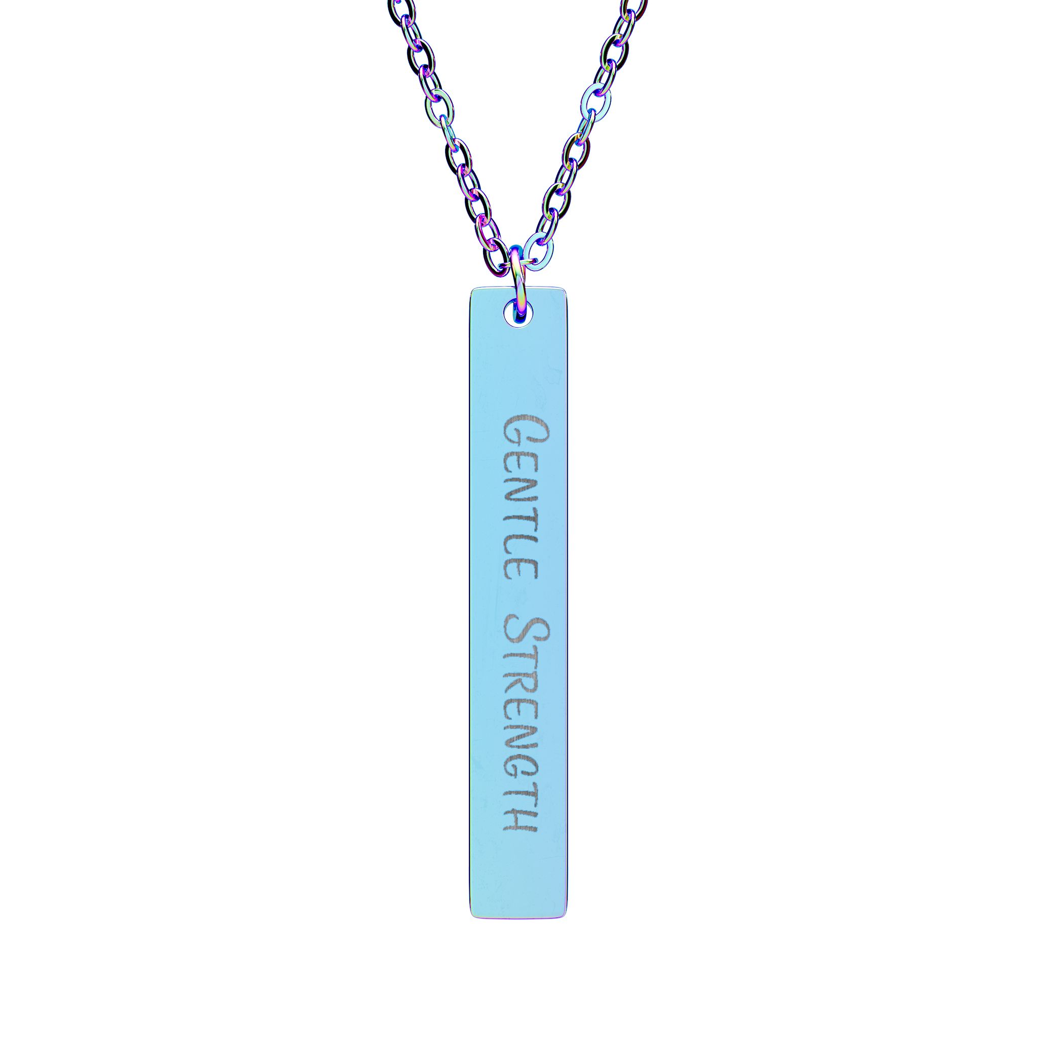 "Gentle Strength" Engraved Vertical Bar Necklace in Rainbow PVD finish