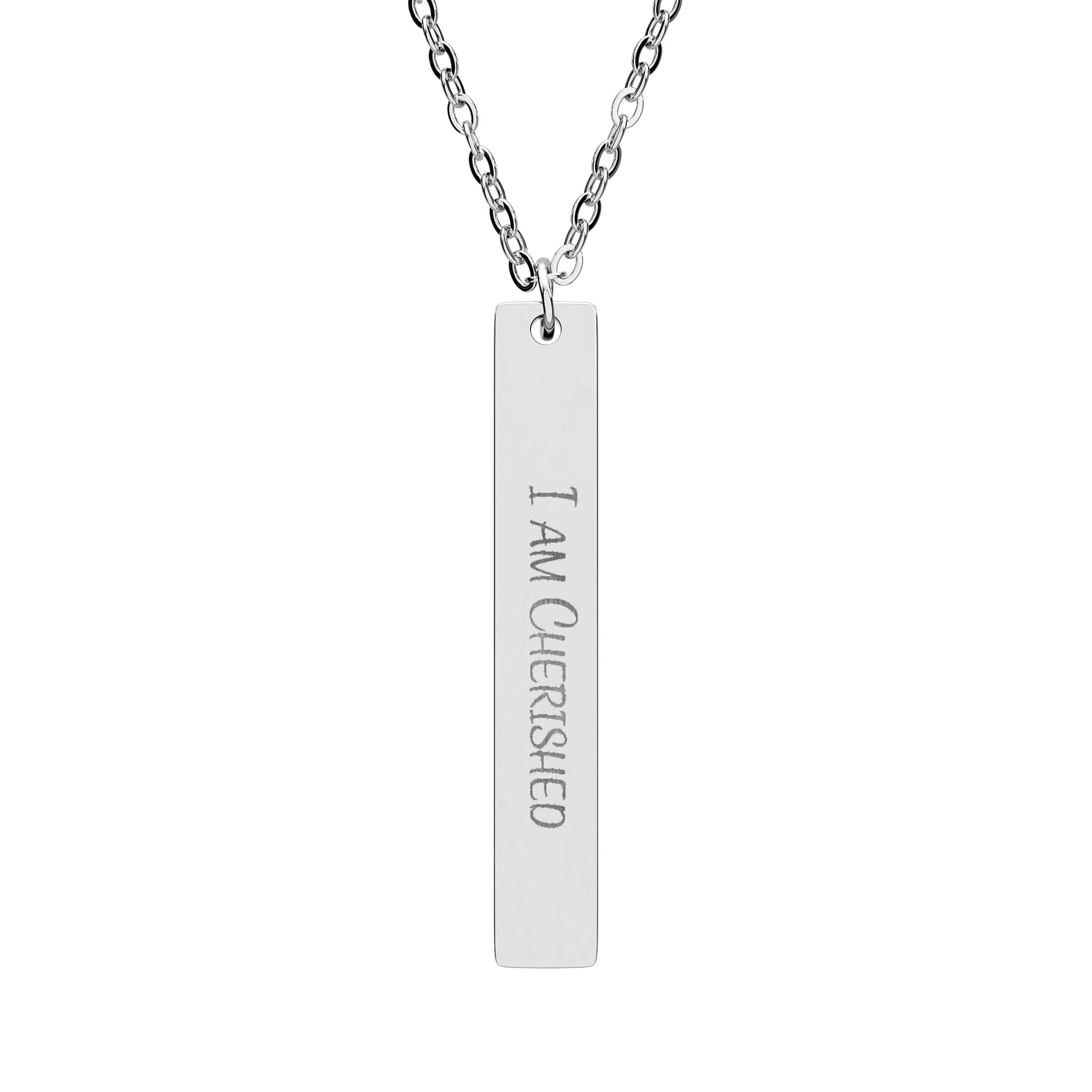 "I am Cherished" Engraved Vertical Bar Necklace in Stainless Steel