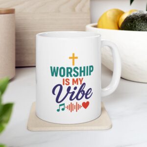 "Worship is My Vibe" Ceramic Mug on kitchen counter