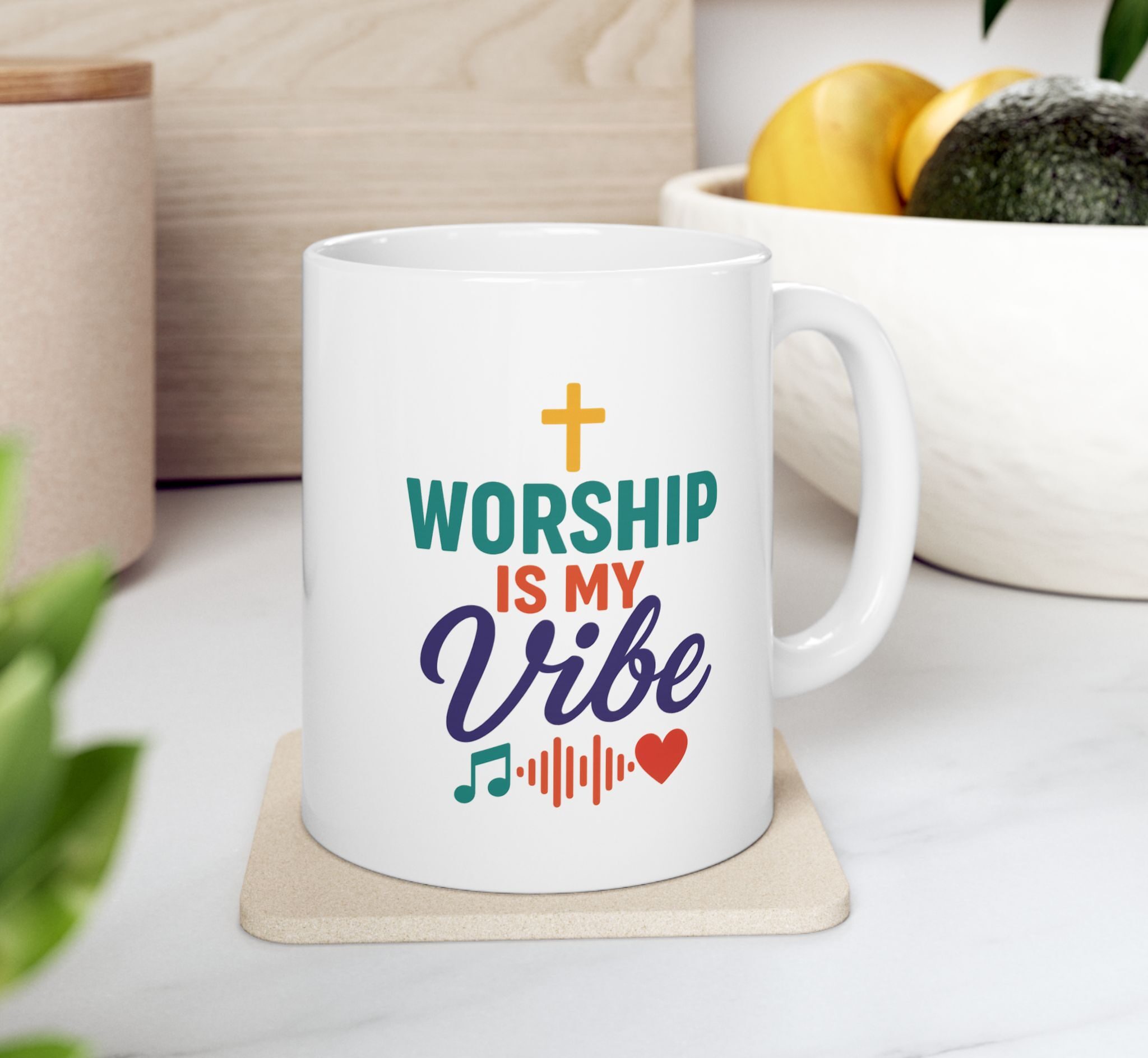 "Worship is My Vibe" Ceramic Mug on kitchen counter