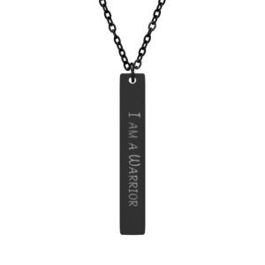 "I am a Warrior" Engraved Vertical Bar Necklace in Black PVD finish