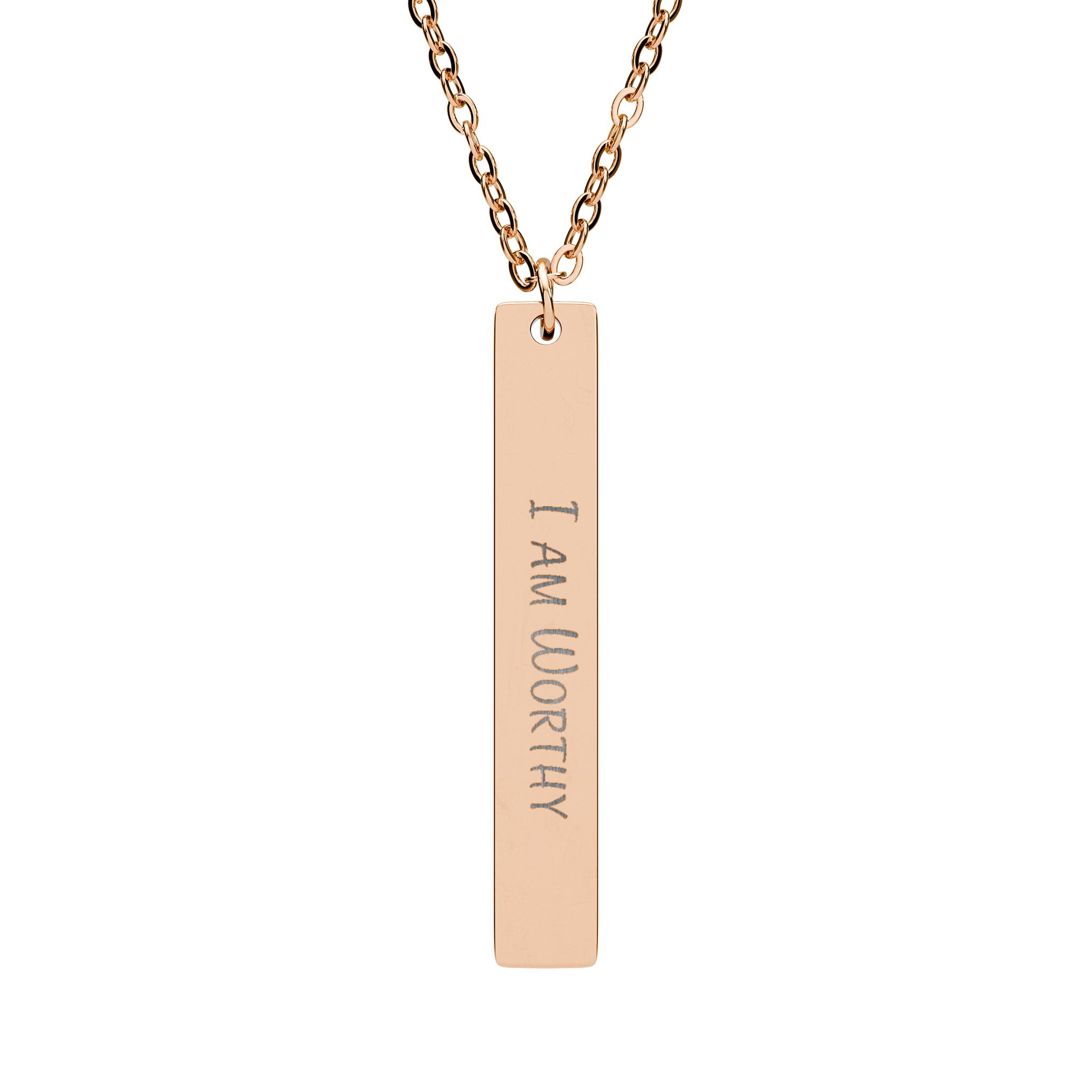 "I am Worthy" Engraved Vertical Bar Necklace in 18K Rose Gold PVD finish