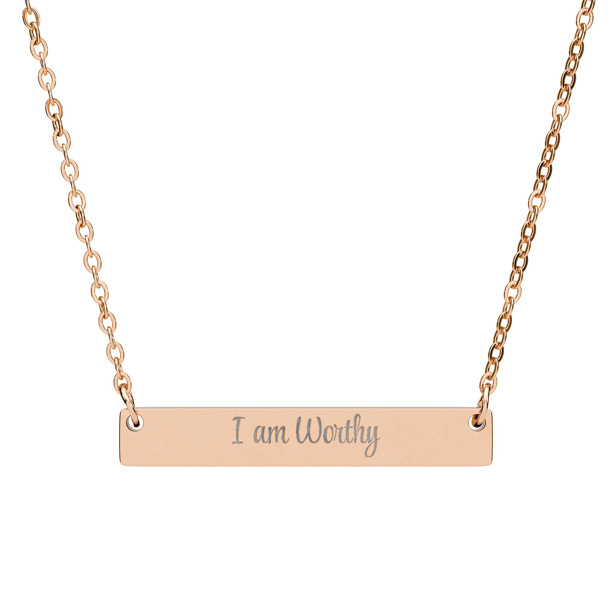 "I am Worthy" Engravable Horizontal Bar Necklace in 18K Rose Gold PVD finish