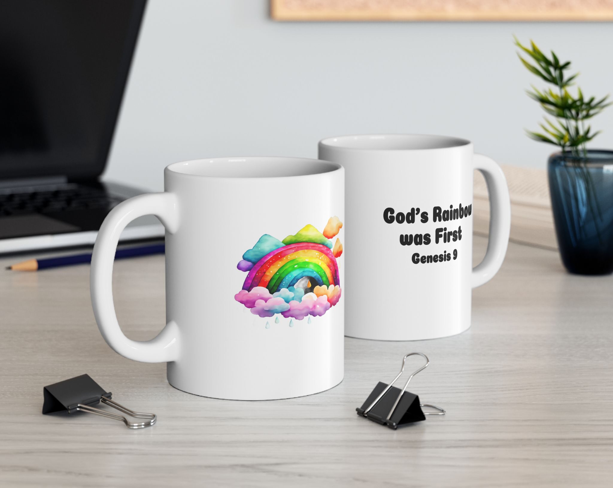 “God’s Rainbow was First" Ceramic Mug on office desk (both views)