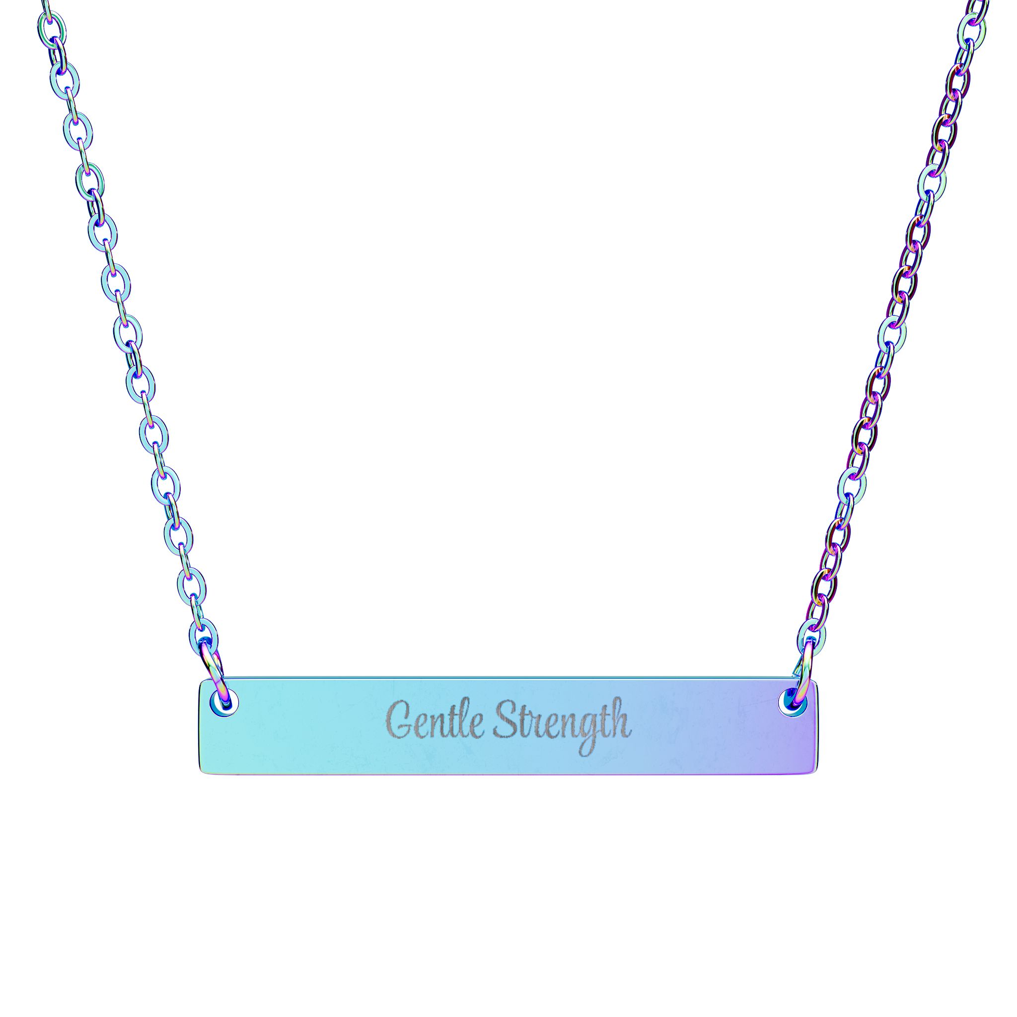 "Gentle Strength" Engraved Horizontal Bar Necklace in Rainbow PVD finish