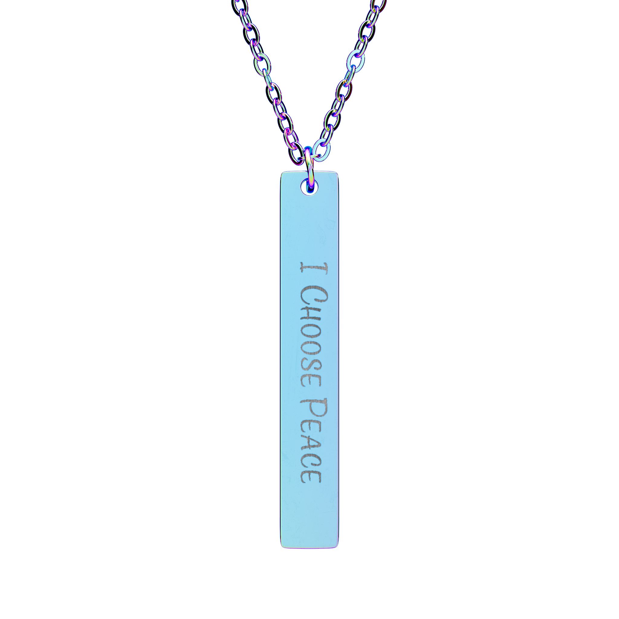 “I Choose Peace” Engraved Vertical Bar Necklace in Rainbow PVD finish