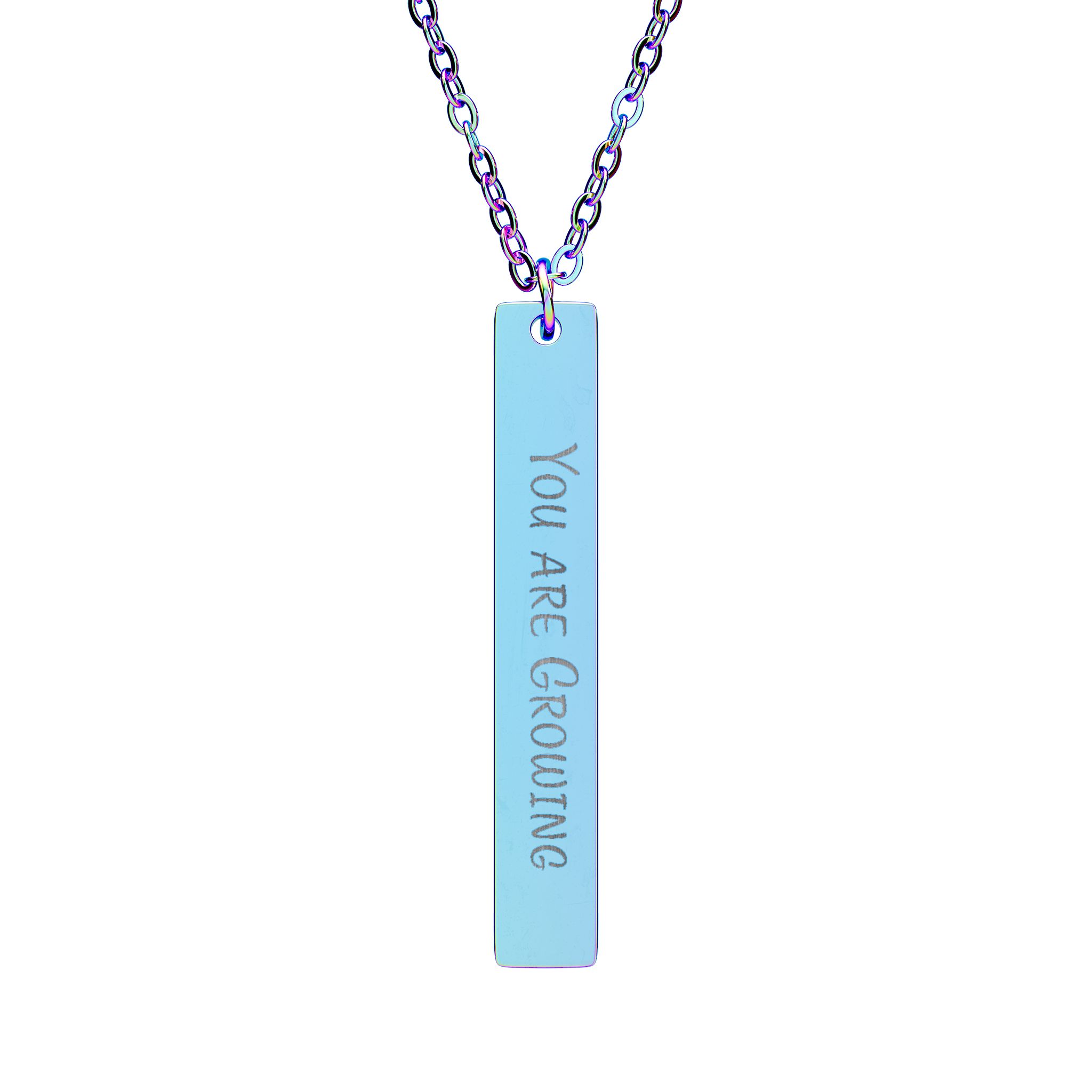 “You Are Growing” Engraved Vertical Bar Necklace in Rainbow PVD finish