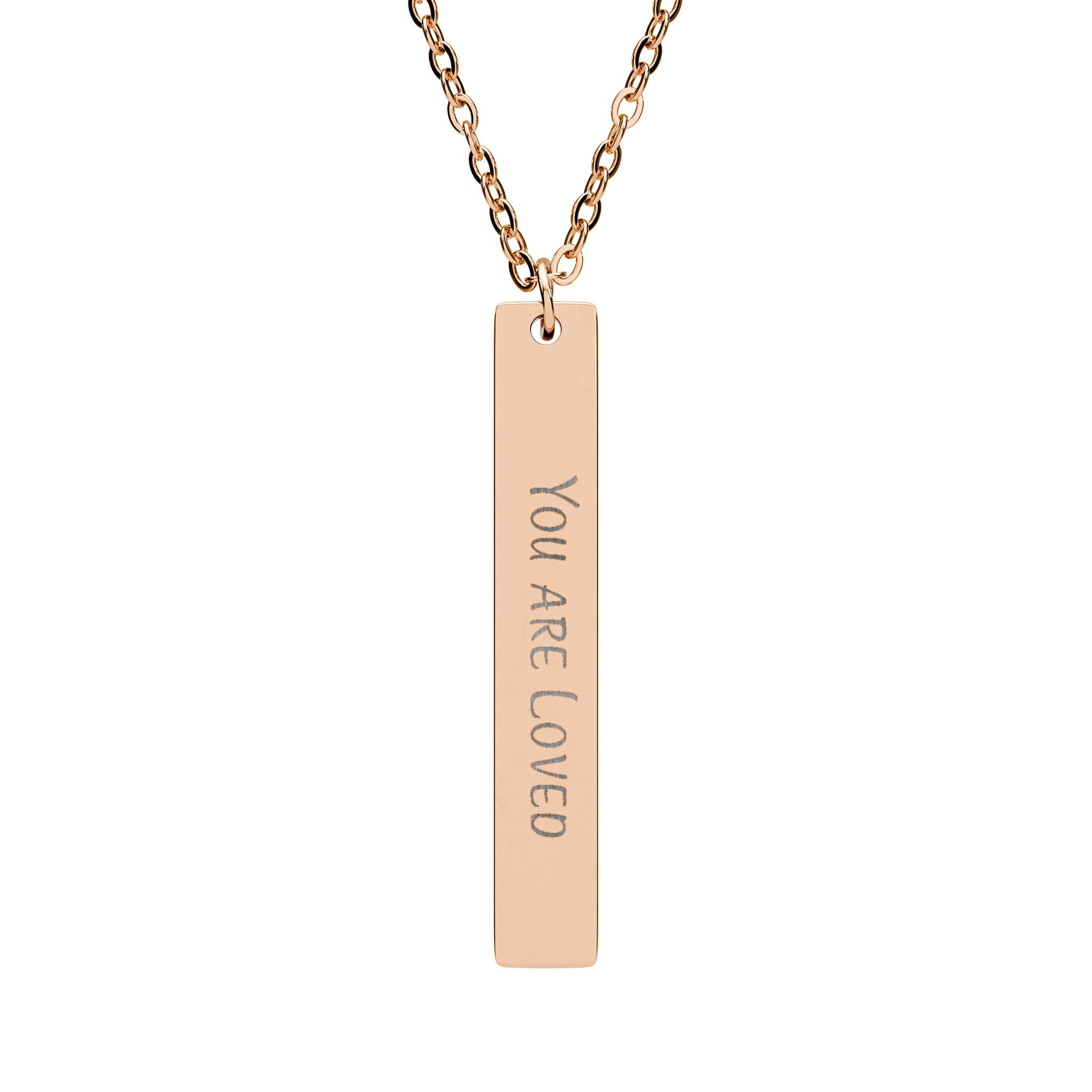 "You are Loved" Engraved Vertical Bar Necklace in 18K Rose Gold PVD finish