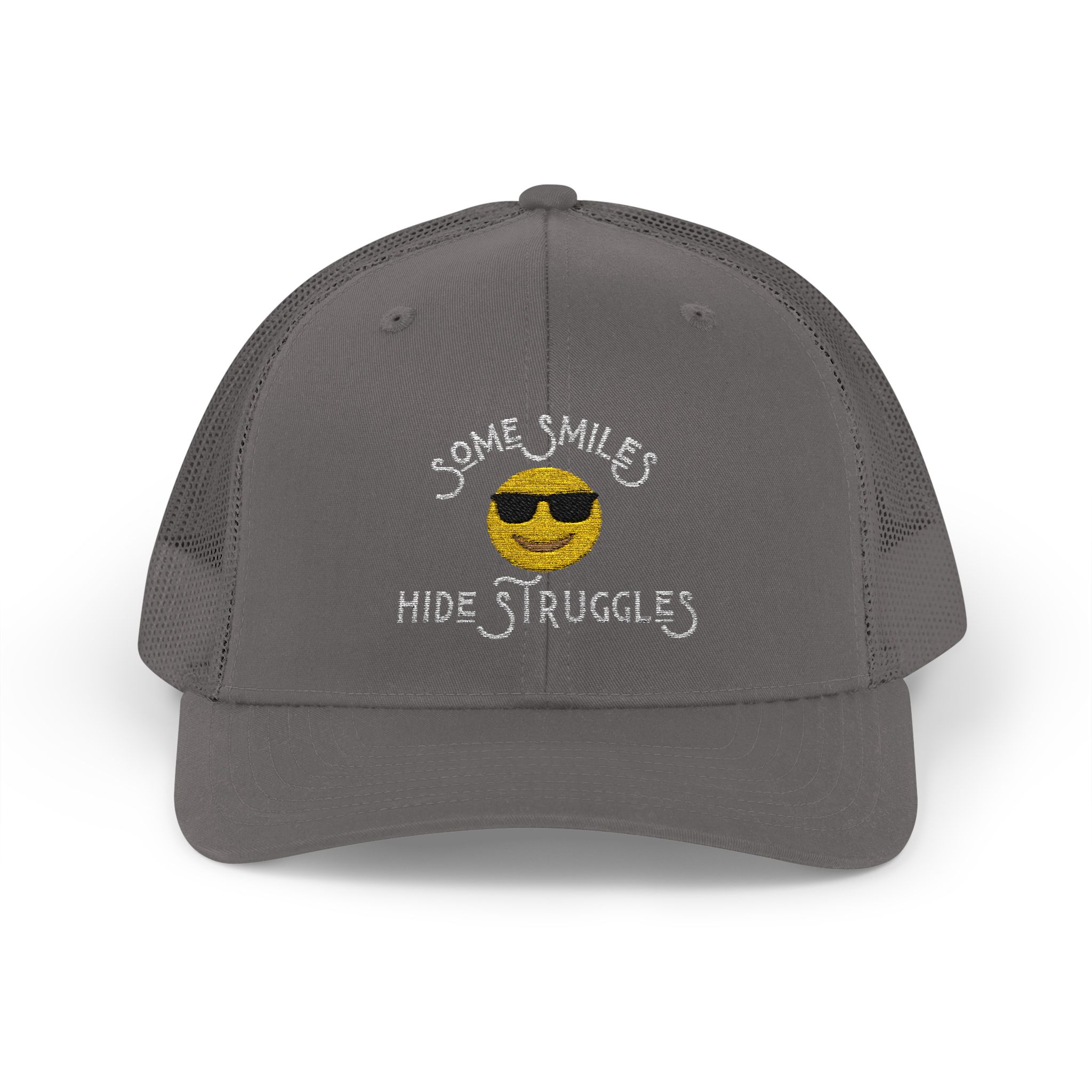 "Some Smiles Hide Struggles" Embroidered Trucker Cap in Charcoal (both) front view