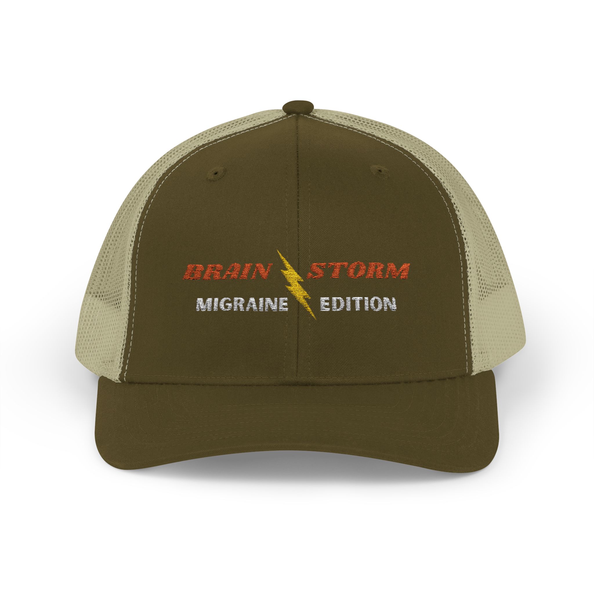 "Brain Storm Migraine Edition" Embroidered Trucker Cap in Moss/Khaki front view