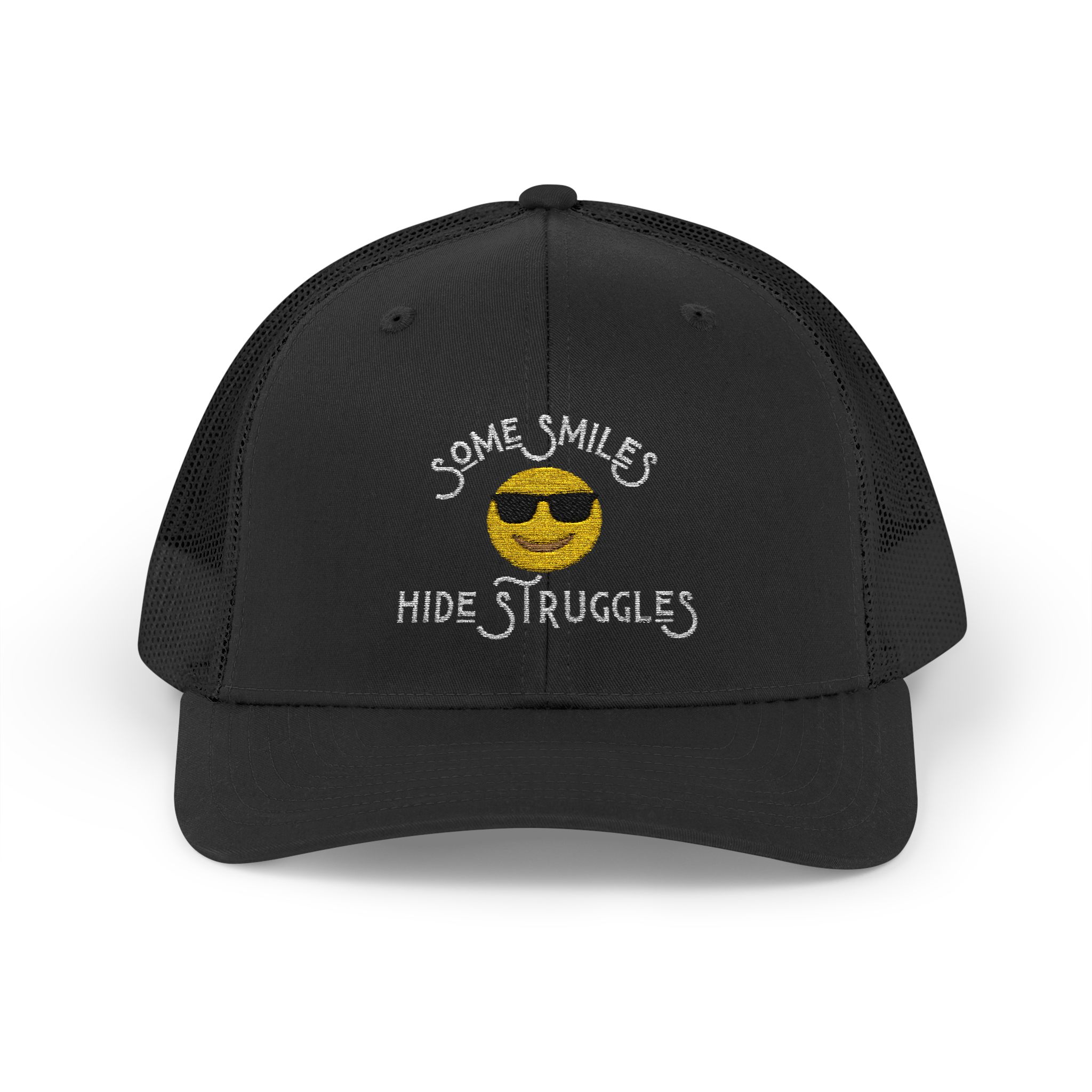 "Some Smiles Hide Struggles" Embroidered Trucker Cap in Black (both) front view