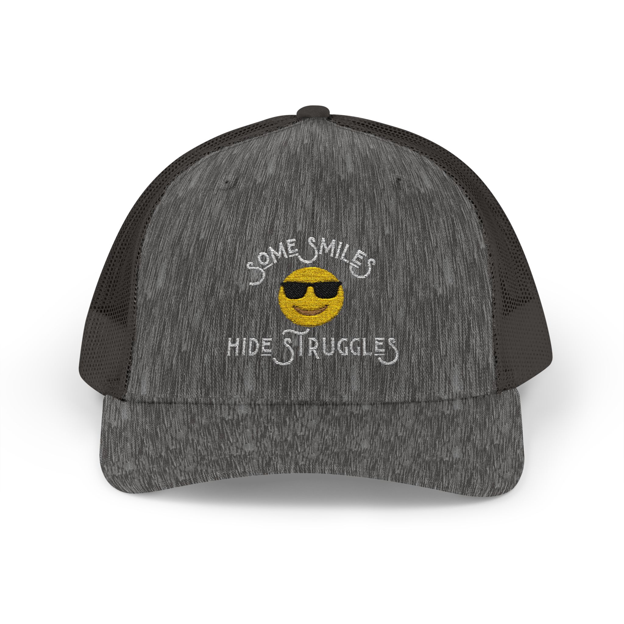 "Some Smiles Hide Struggles" Embroidered Trucker Cap in Dark Heather Gray front view