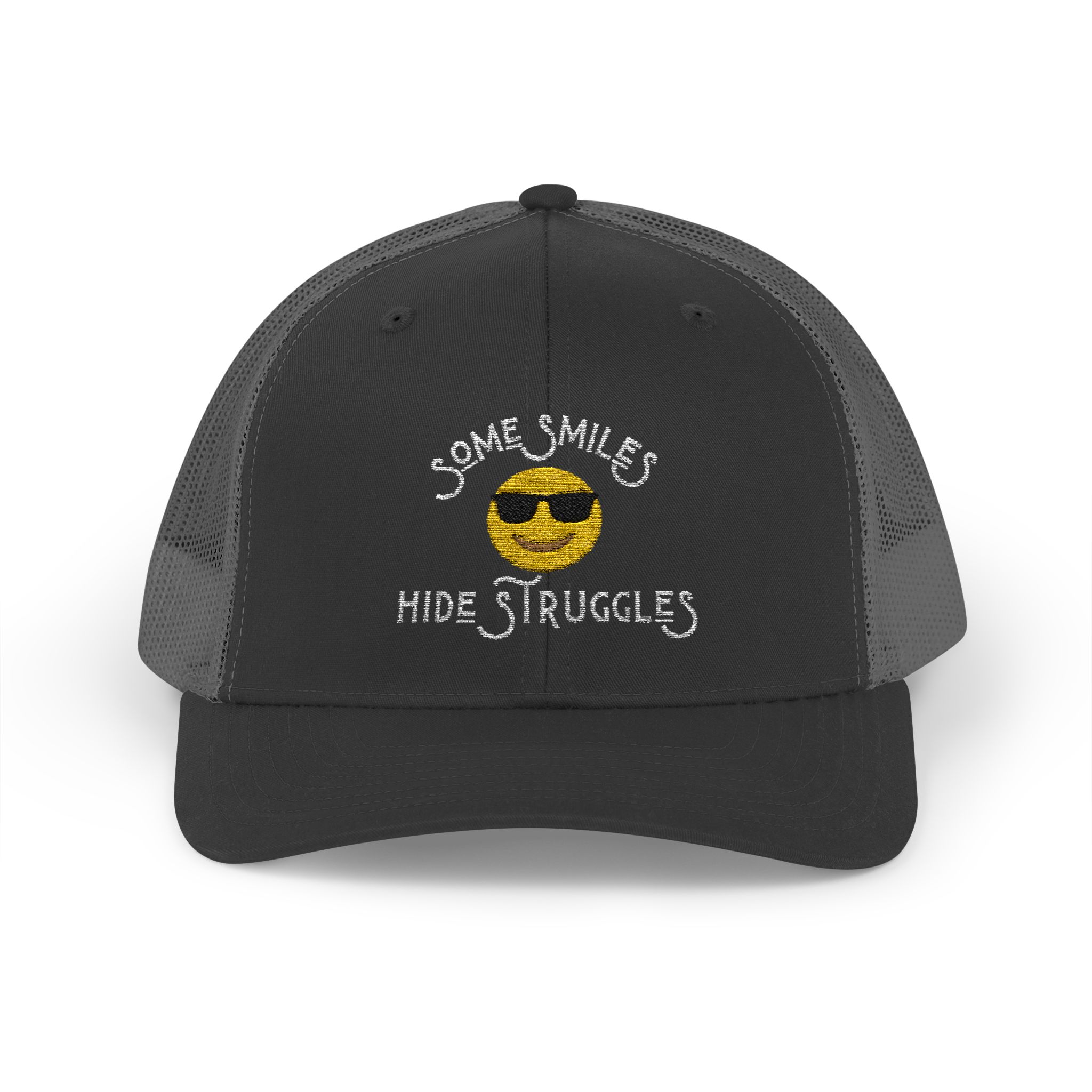 "Some Smiles Hide Struggles" Embroidered Trucker Cap in Black/Charcoal front view