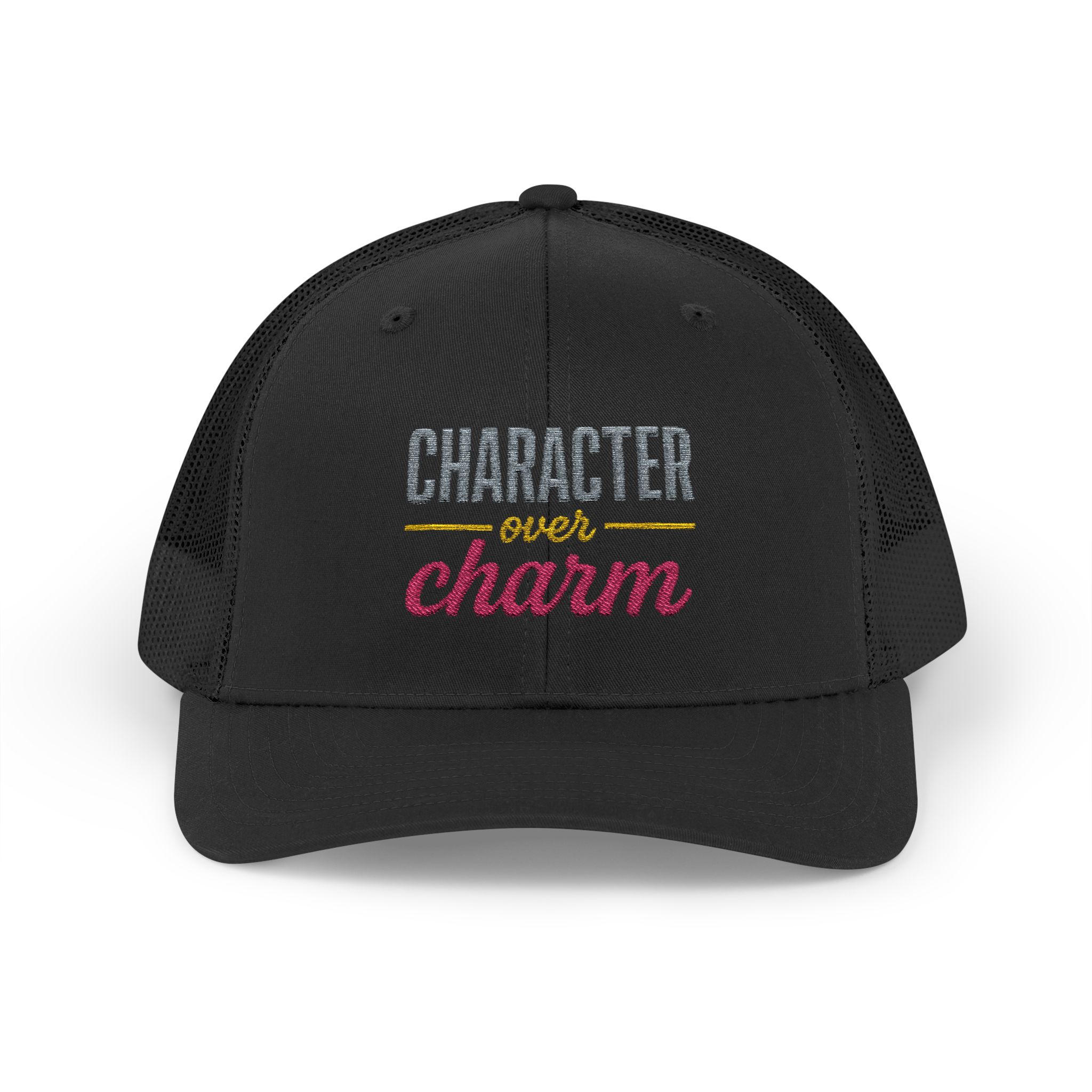 "Character Over Charm" Embroidered Trucker Cap in Black (Both) front view
