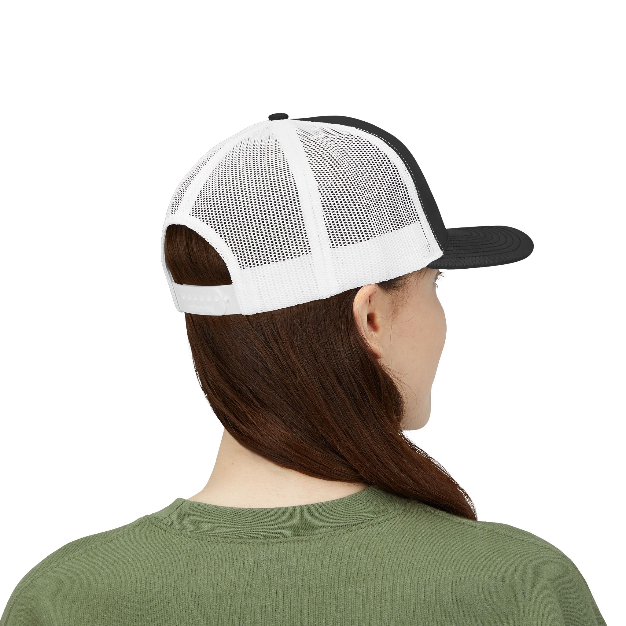 "Brain Storm Migraine Edition" Embroidered Trucker Cap in Black/White back view on female model