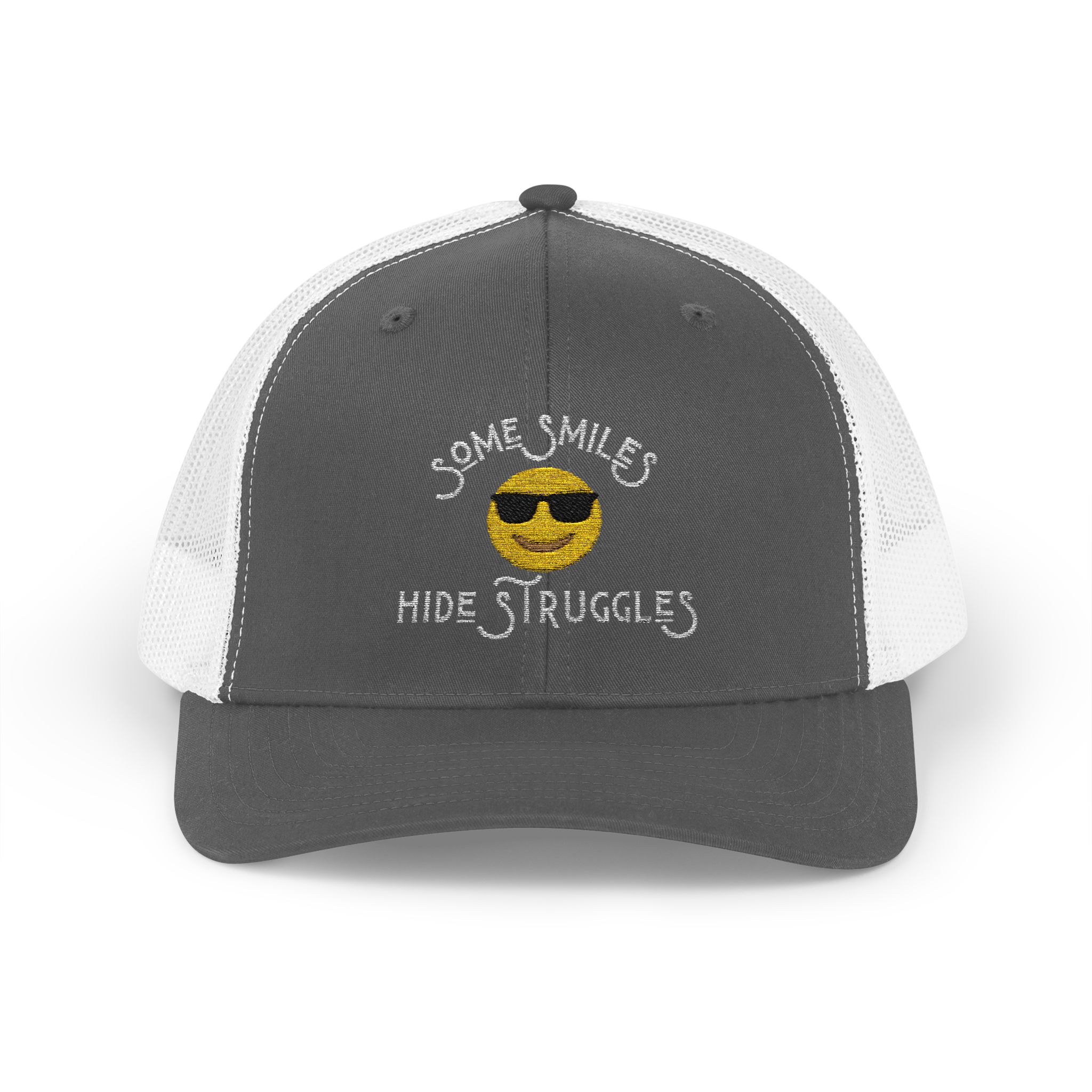 "Some Smiles Hide Struggles" Embroidered Trucker Cap in Charcoal/White front view