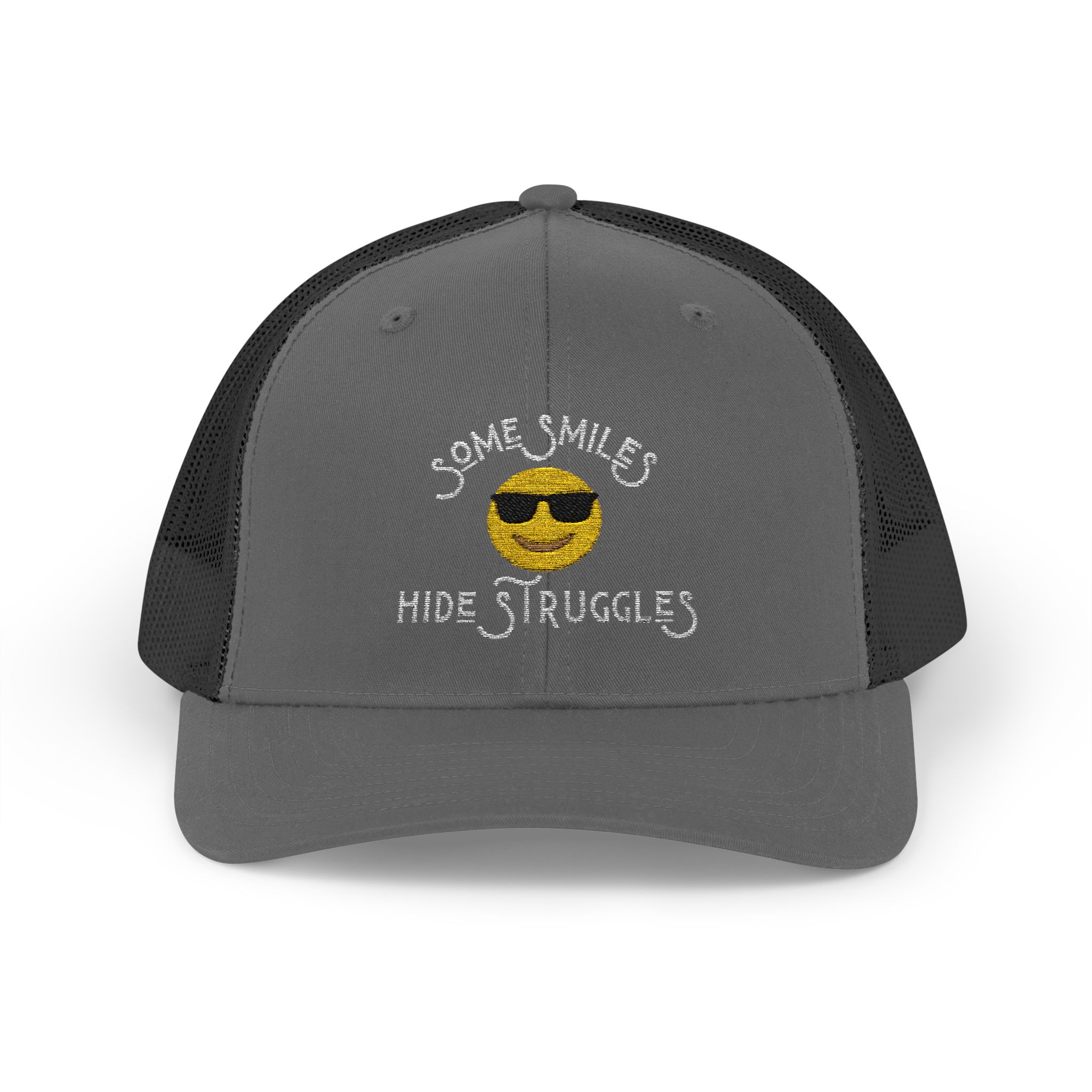 "Some Smiles Hide Struggles" Embroidered Trucker Cap in Charcoal/Black front view