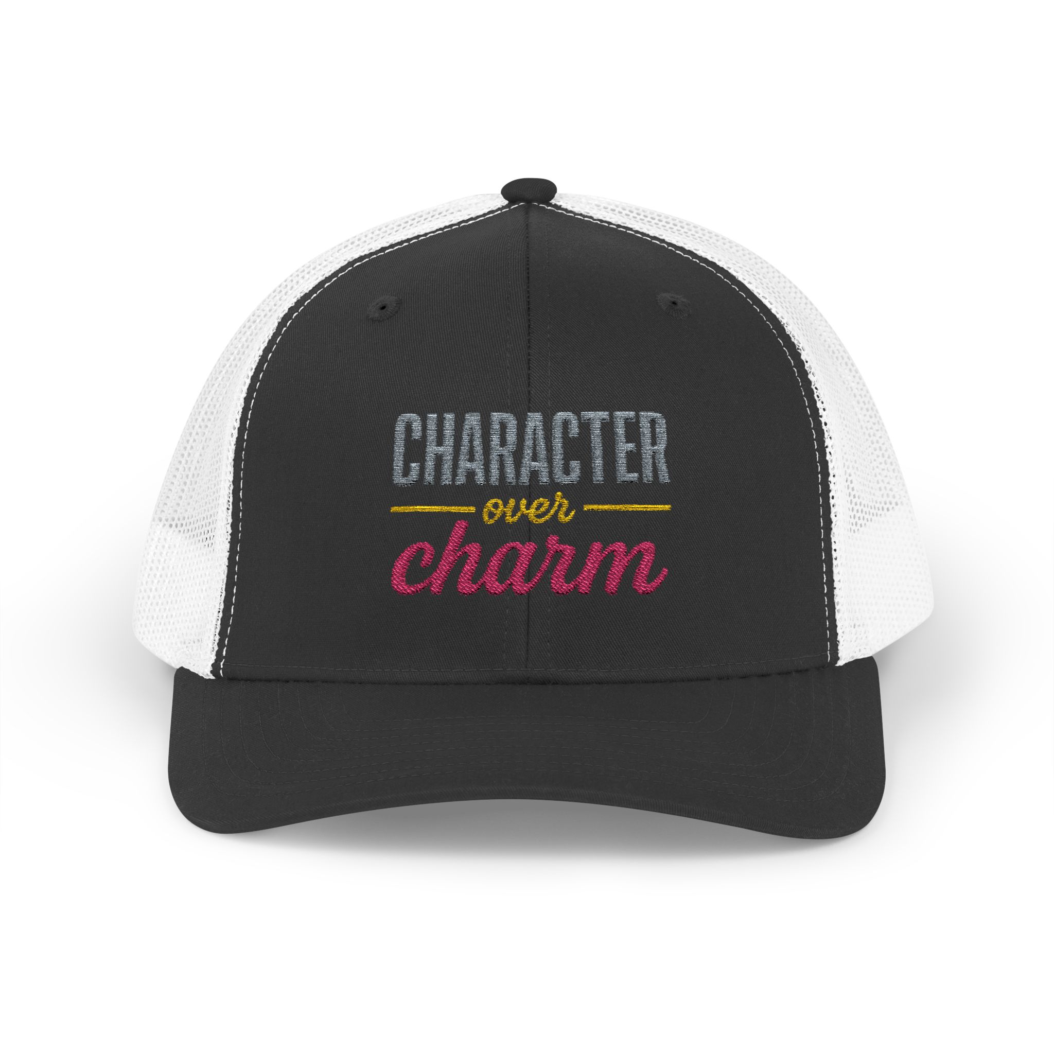 "Character Over Charm" Embroidered Trucker Cap in Black/White front view