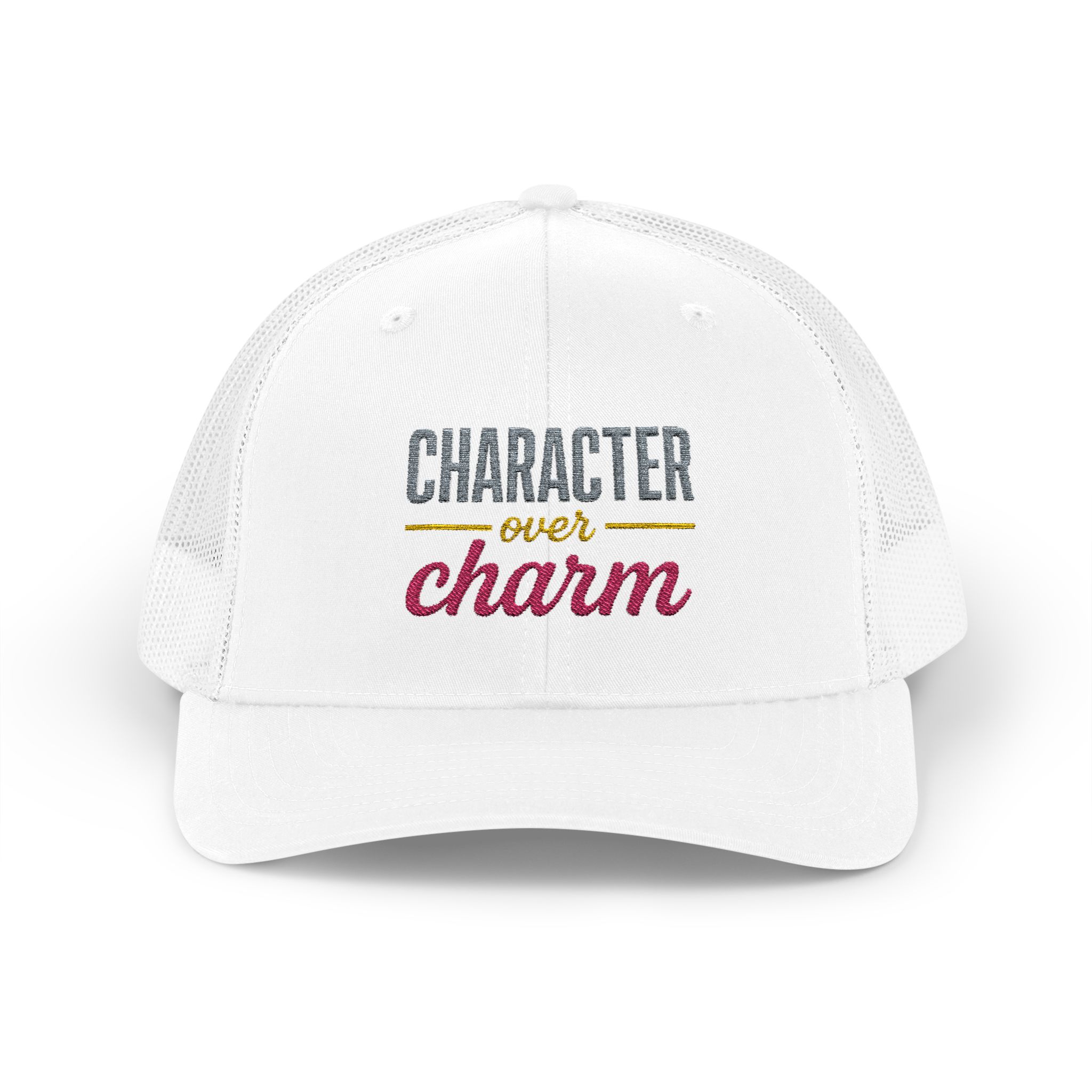 "Character Over Charm" Embroidered Trucker Cap in White front view