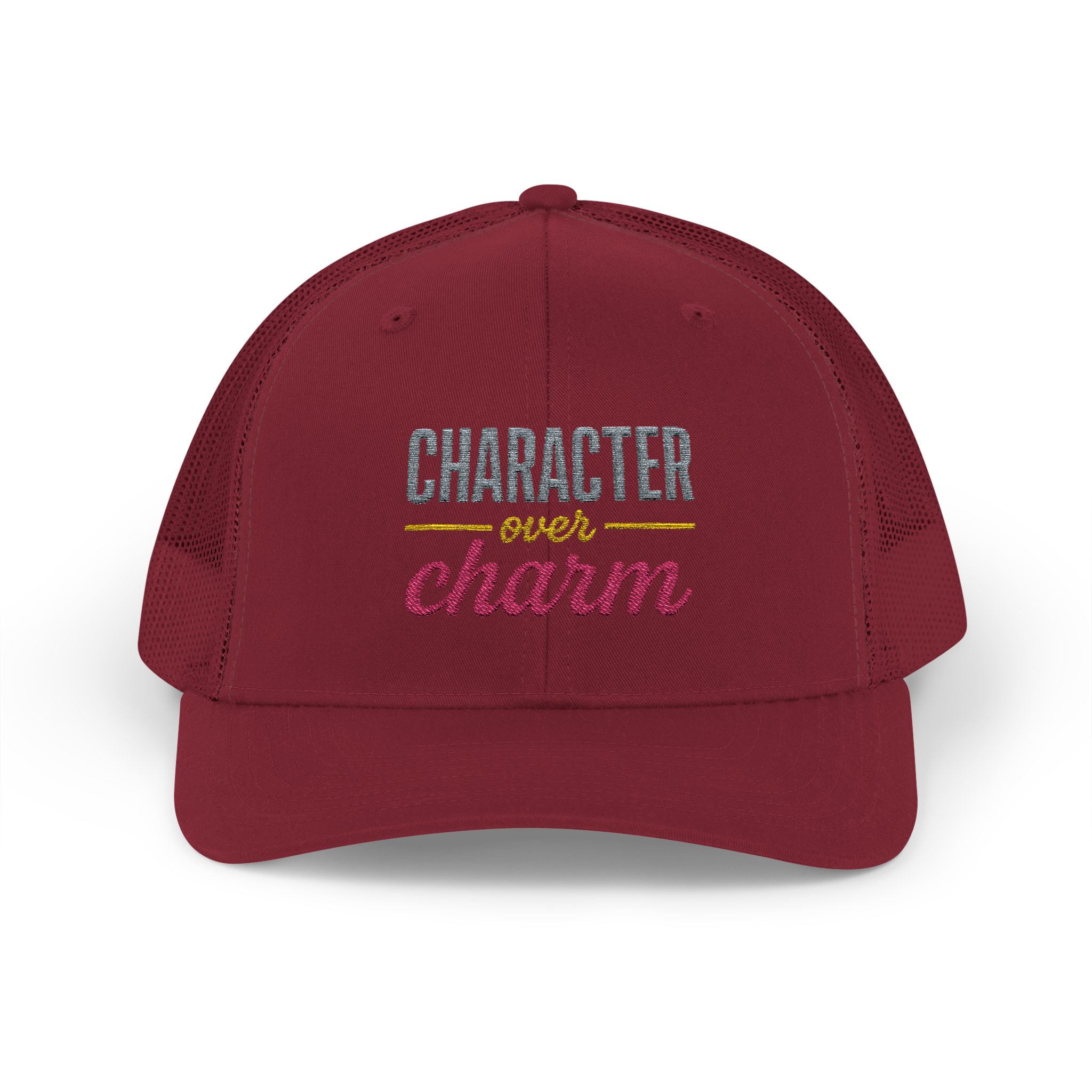 "Character Over Charm" Embroidered Trucker Cap in Cranberry (both) front view
