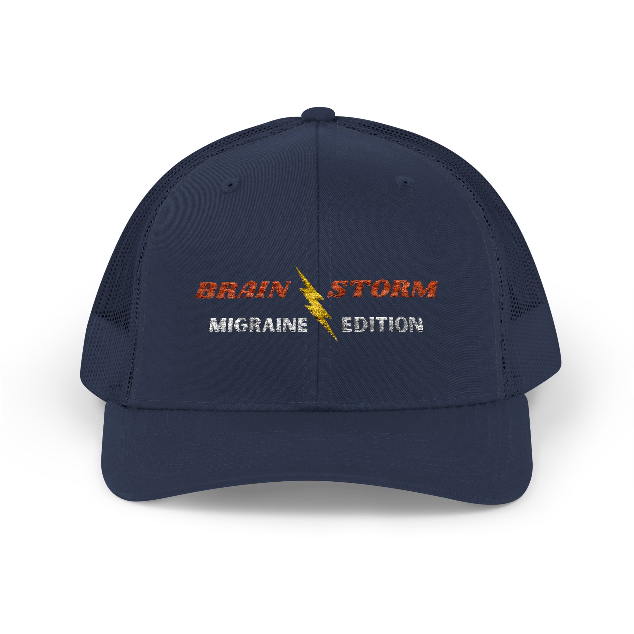 "Brain Storm Migraine Edition" Embroidered Trucker Cap in Navy (both) front view