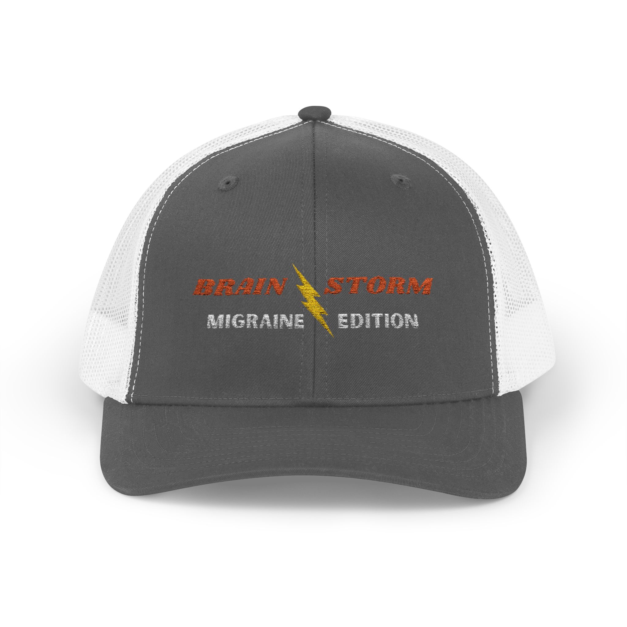 "Brain Storm Migraine Edition" Embroidered Trucker Cap in Charcoal/White front view