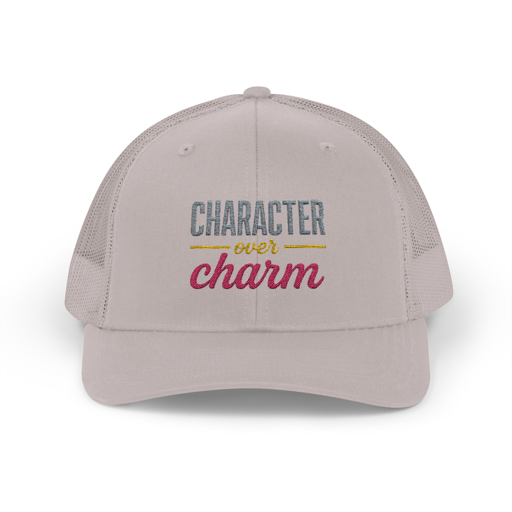 "Character Over Charm" Embroidered Trucker Cap in Silver (both) front view