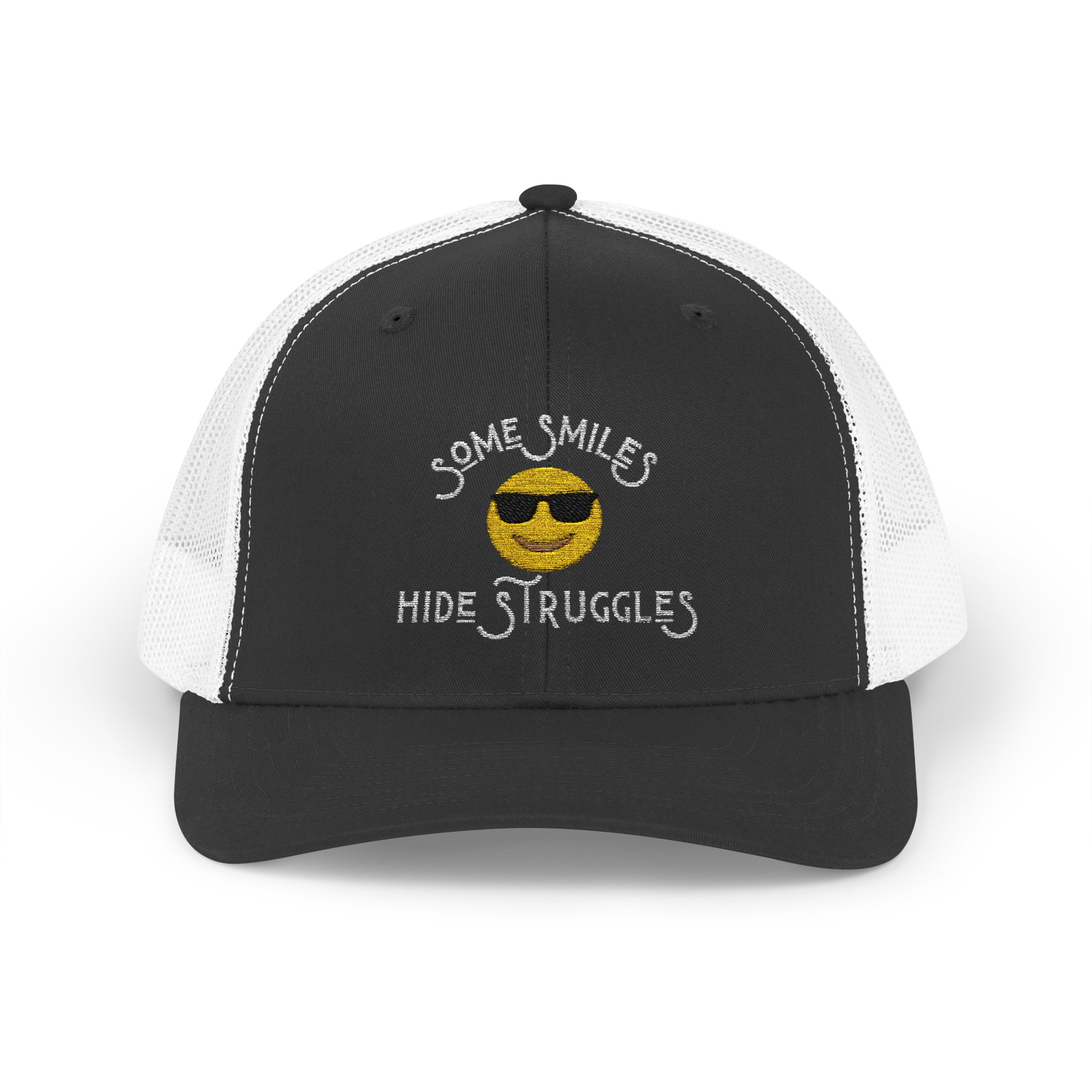 "Some Smiles Hide Struggles" Embroidered Trucker Cap in Black/White front view