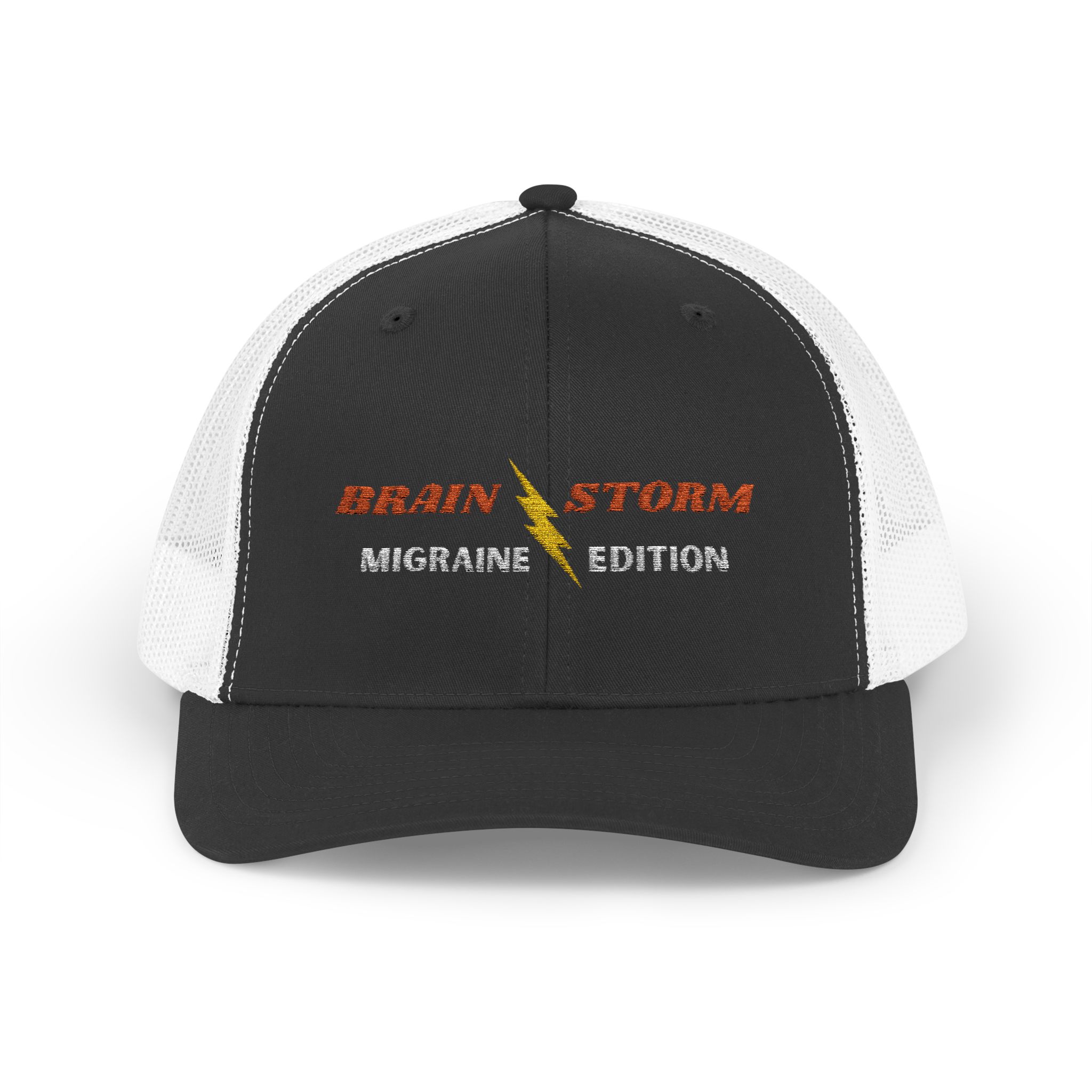 "Brain Storm Migraine Edition" Embroidered Trucker Cap in Black/White front view