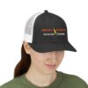 "Brain Storm Migraine Edition" Embroidered Trucker Cap in Black/White on female model