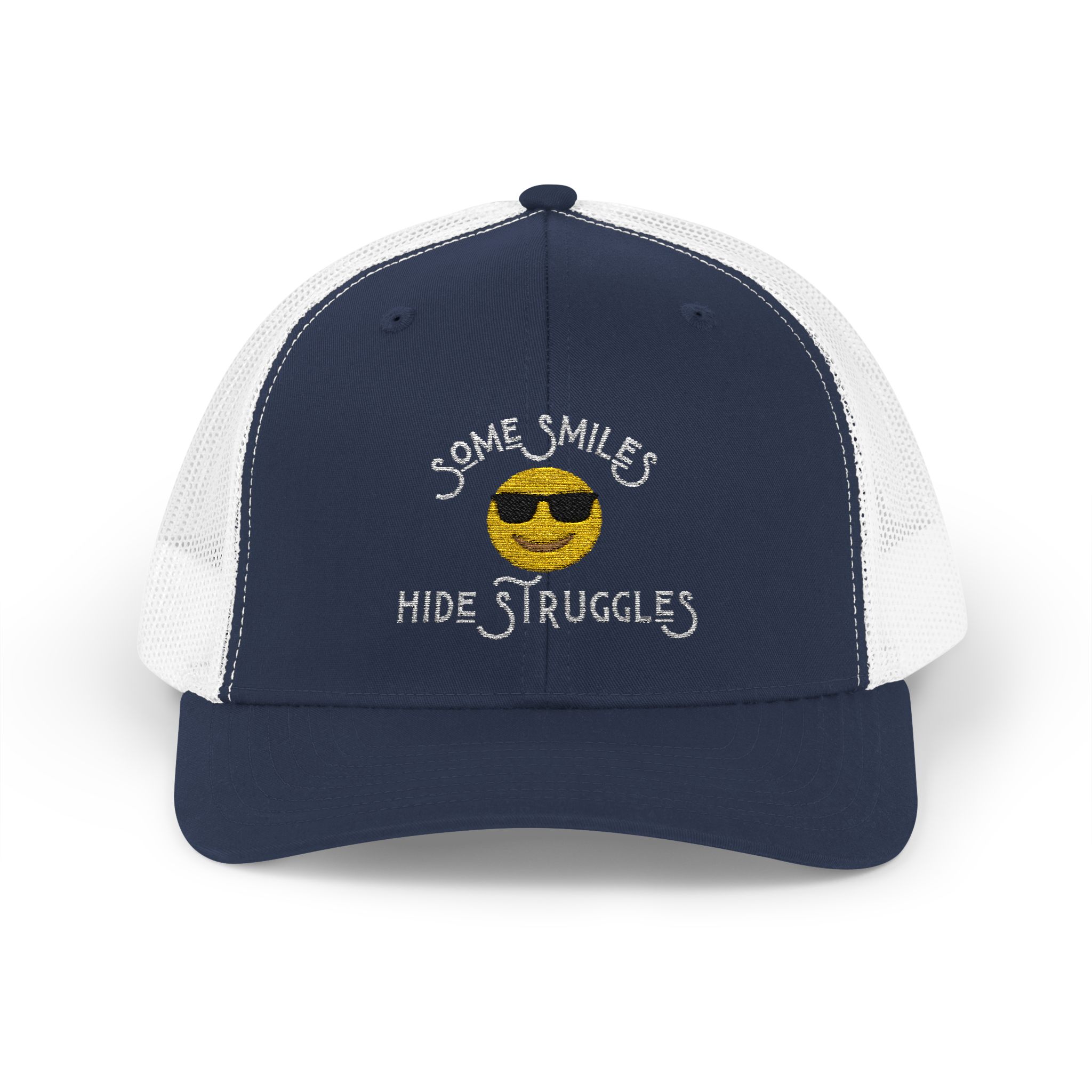 "Some Smiles Hide Struggles" Embroidered Trucker Cap in Navy/White front view