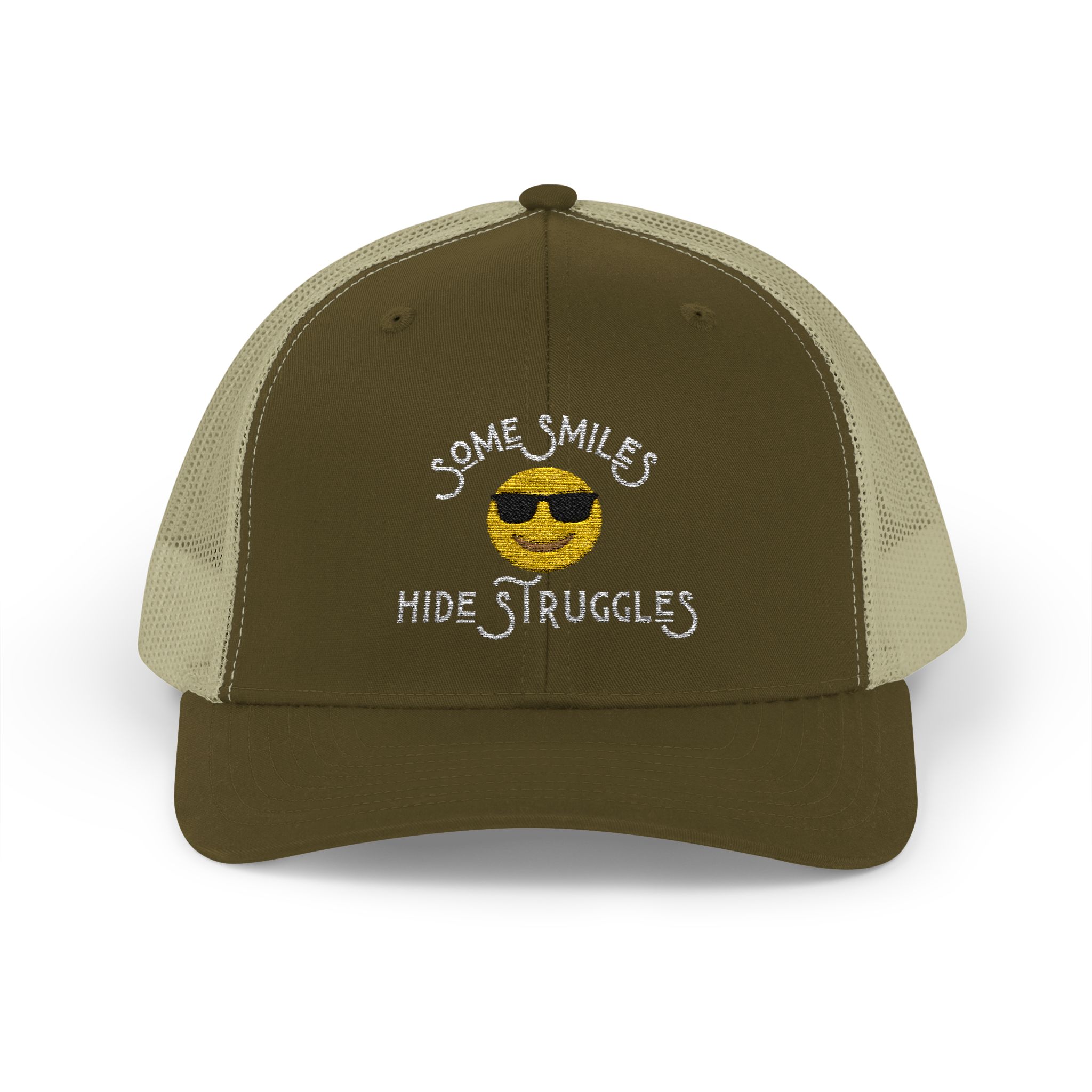 "Some Smiles Hide Struggles" Embroidered Trucker Cap in Moss/Khaki front view