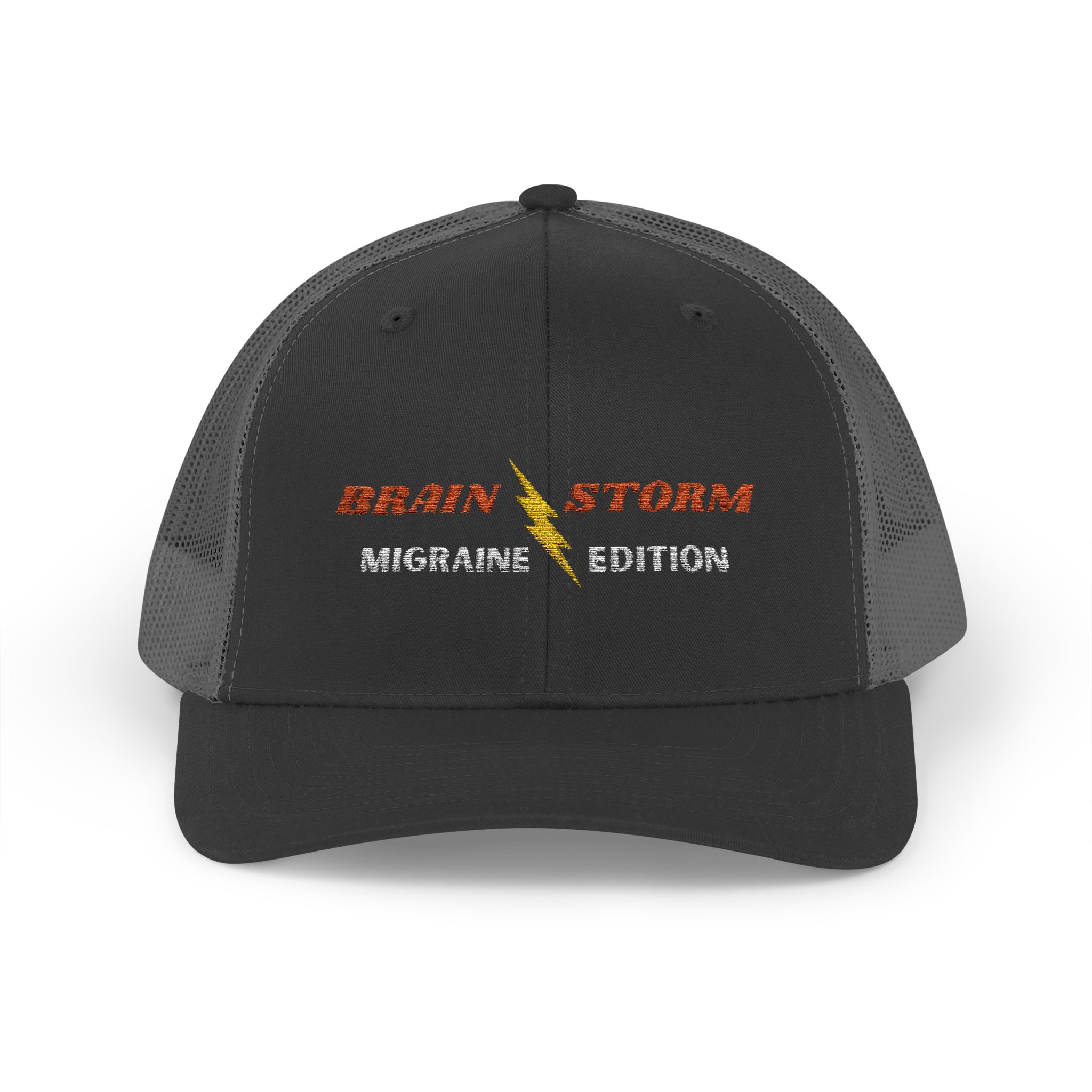 "Brain Storm Migraine Edition" Embroidered Trucker Cap in Black/Charcoal front view