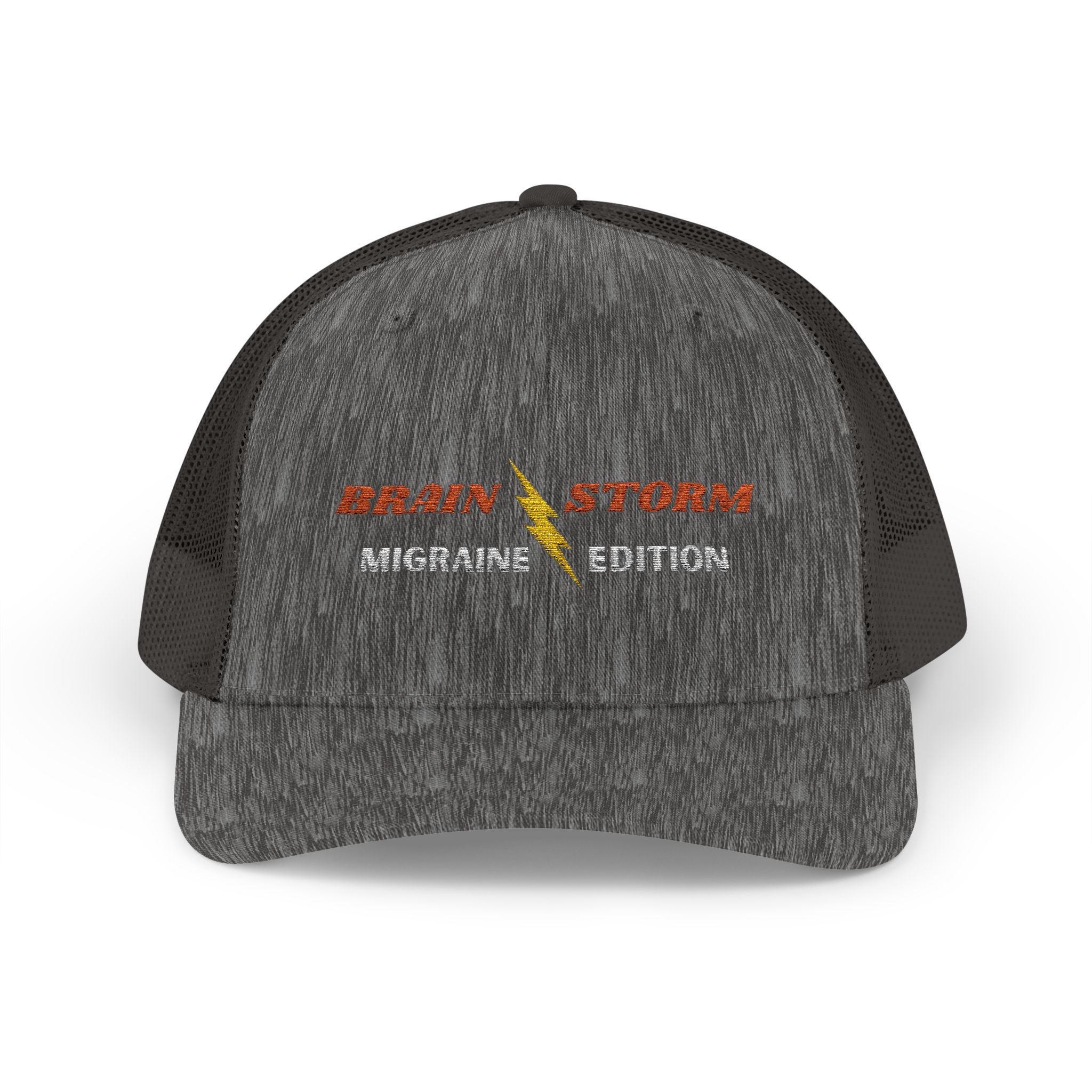 "Brain Storm Migraine Edition" Embroidered Trucker Cap in Dark Heather Gray front view