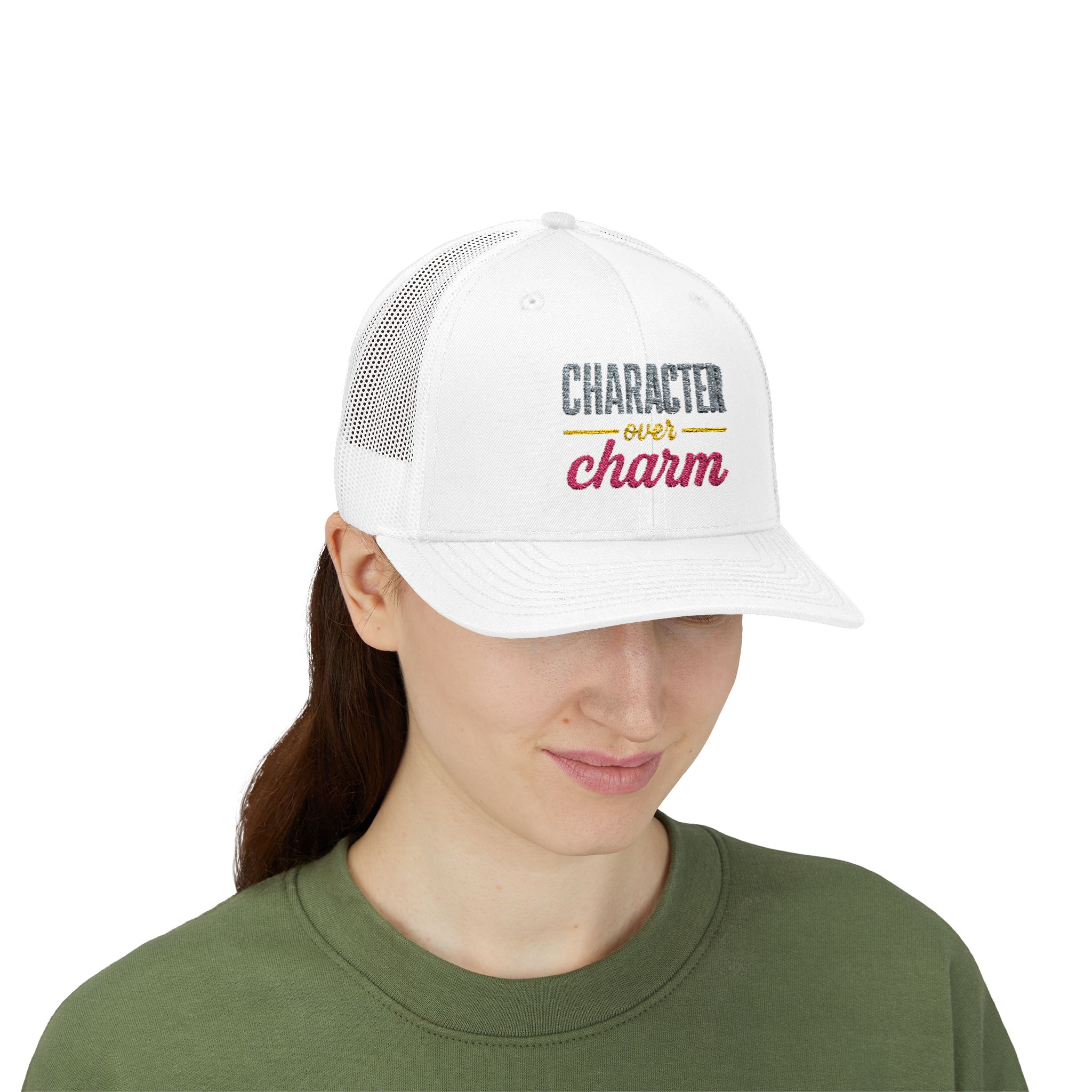 "Character Over Charm" Embroidered Trucker Cap in White on female model