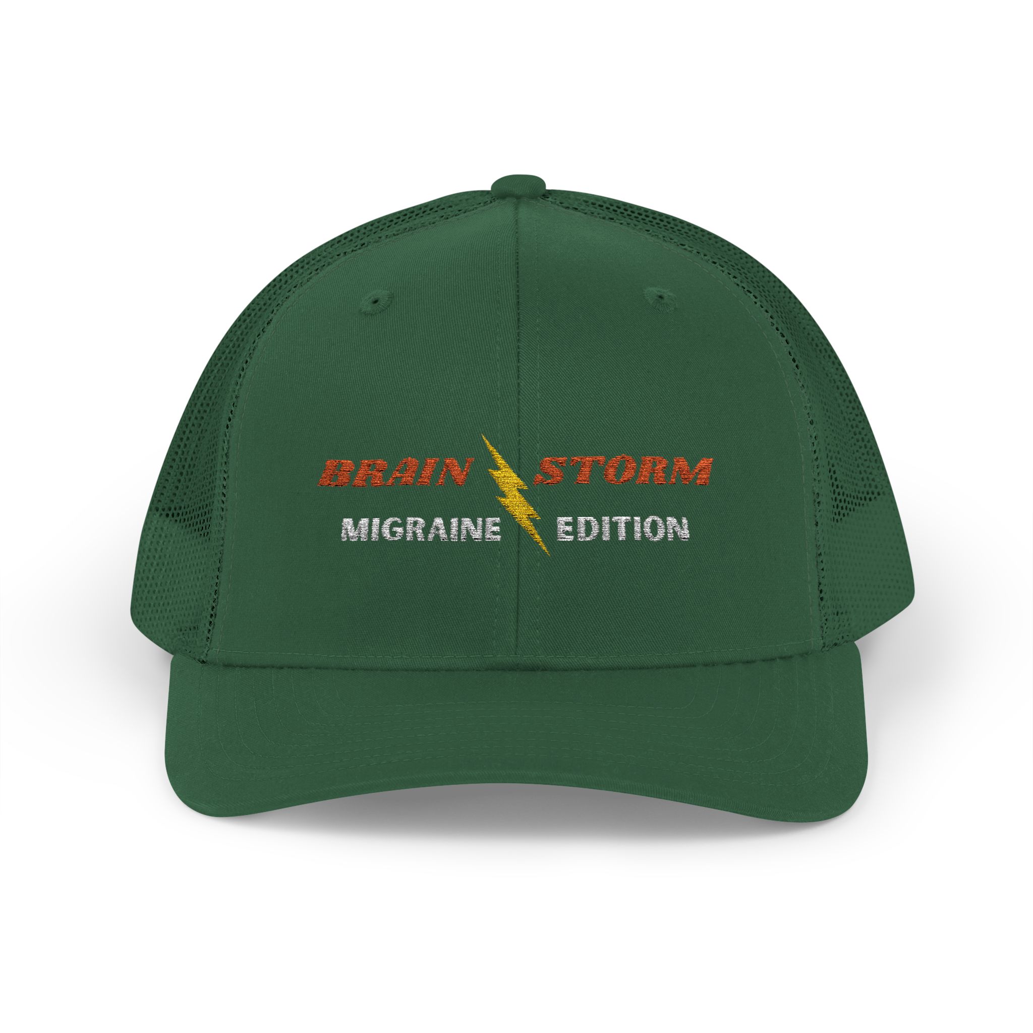 "Brain Storm Migraine Edition" Embroidered Trucker Cap in in Evergreen (Both) front view