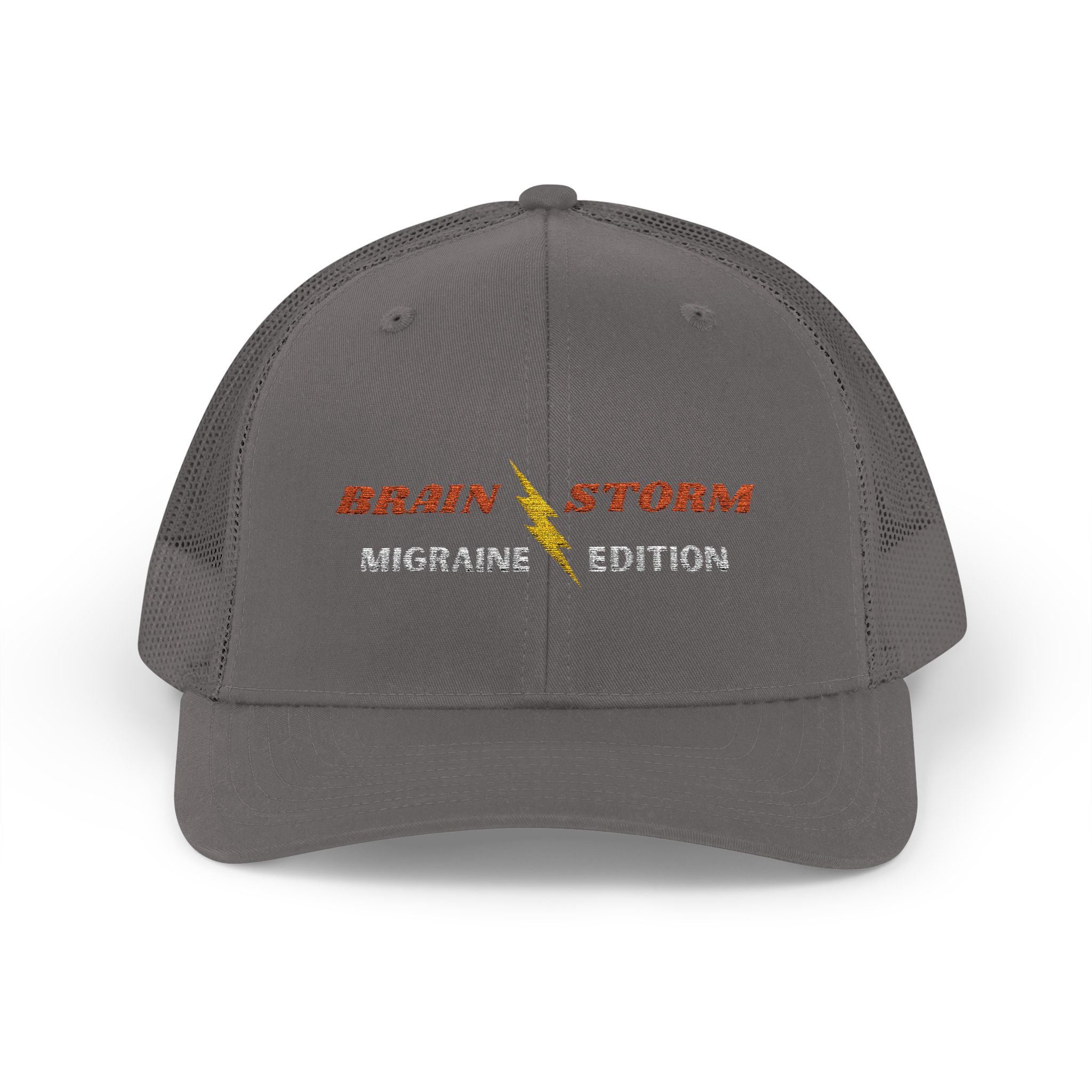 "Brain Storm Migraine Edition" Embroidered Trucker Cap in Charcoal (Both) front view