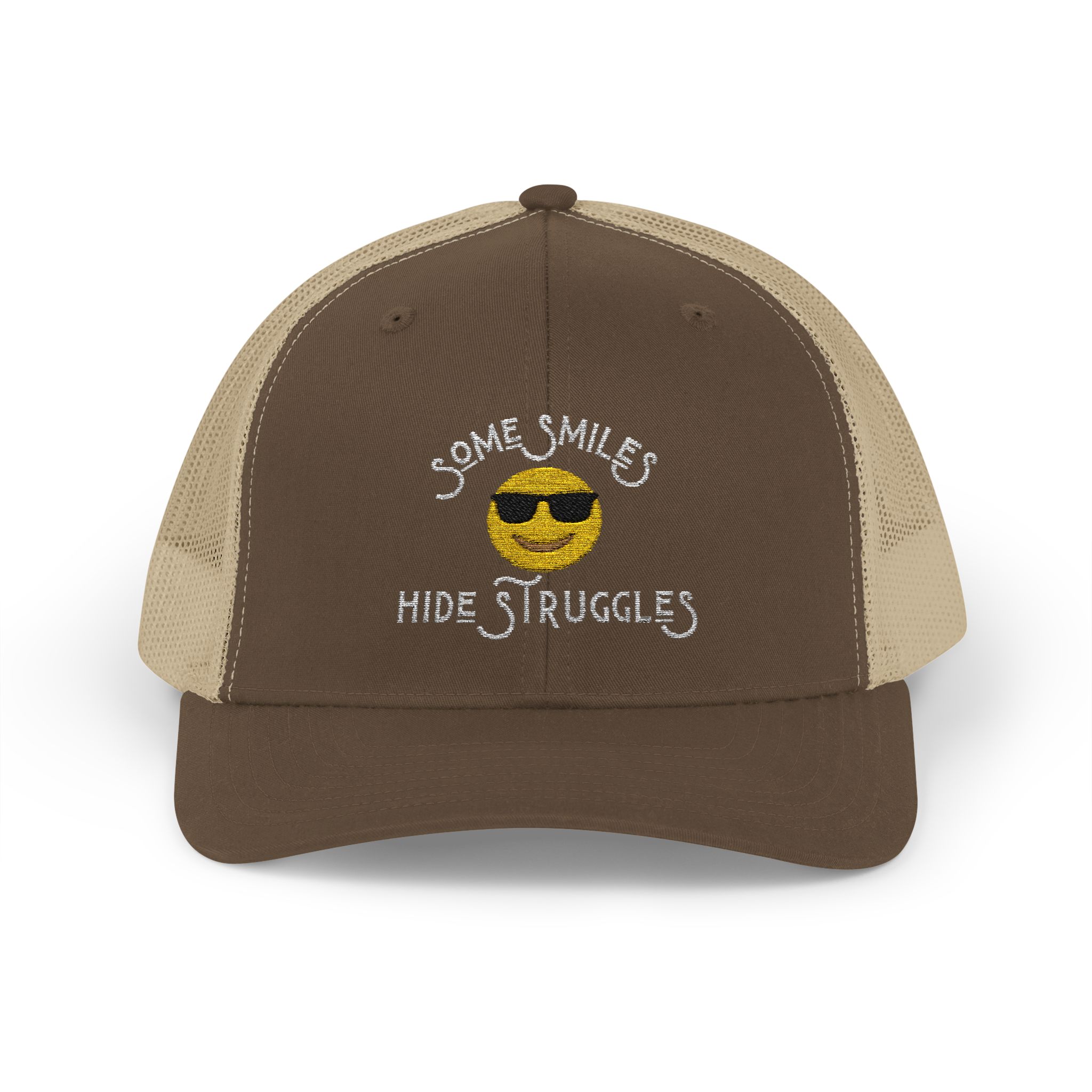 "Some Smiles Hide Struggles" Embroidered Trucker Cap in Brown/Khaki front view