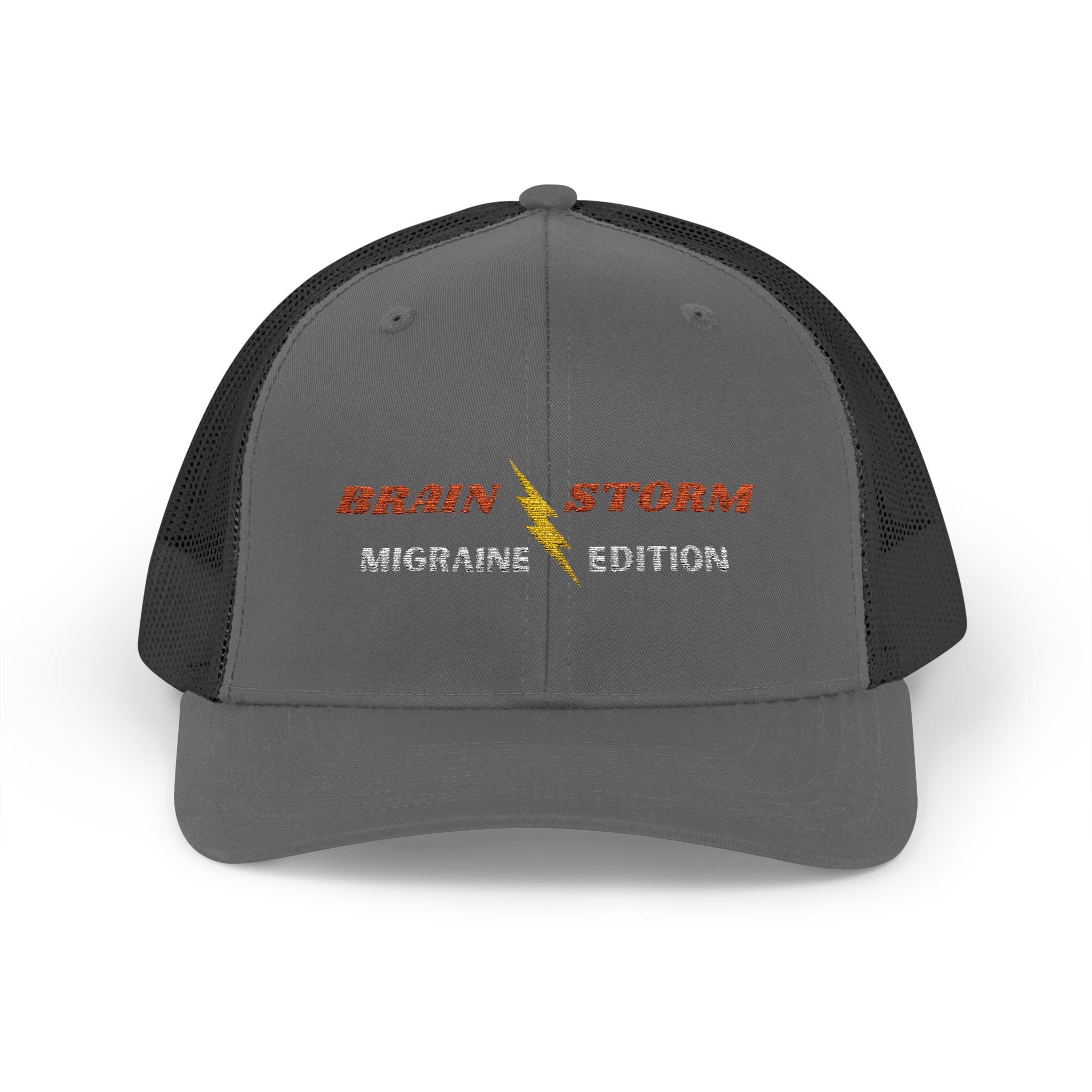 "Brain Storm Migraine Edition" Embroidered Trucker Cap in Charcoal / Black front view