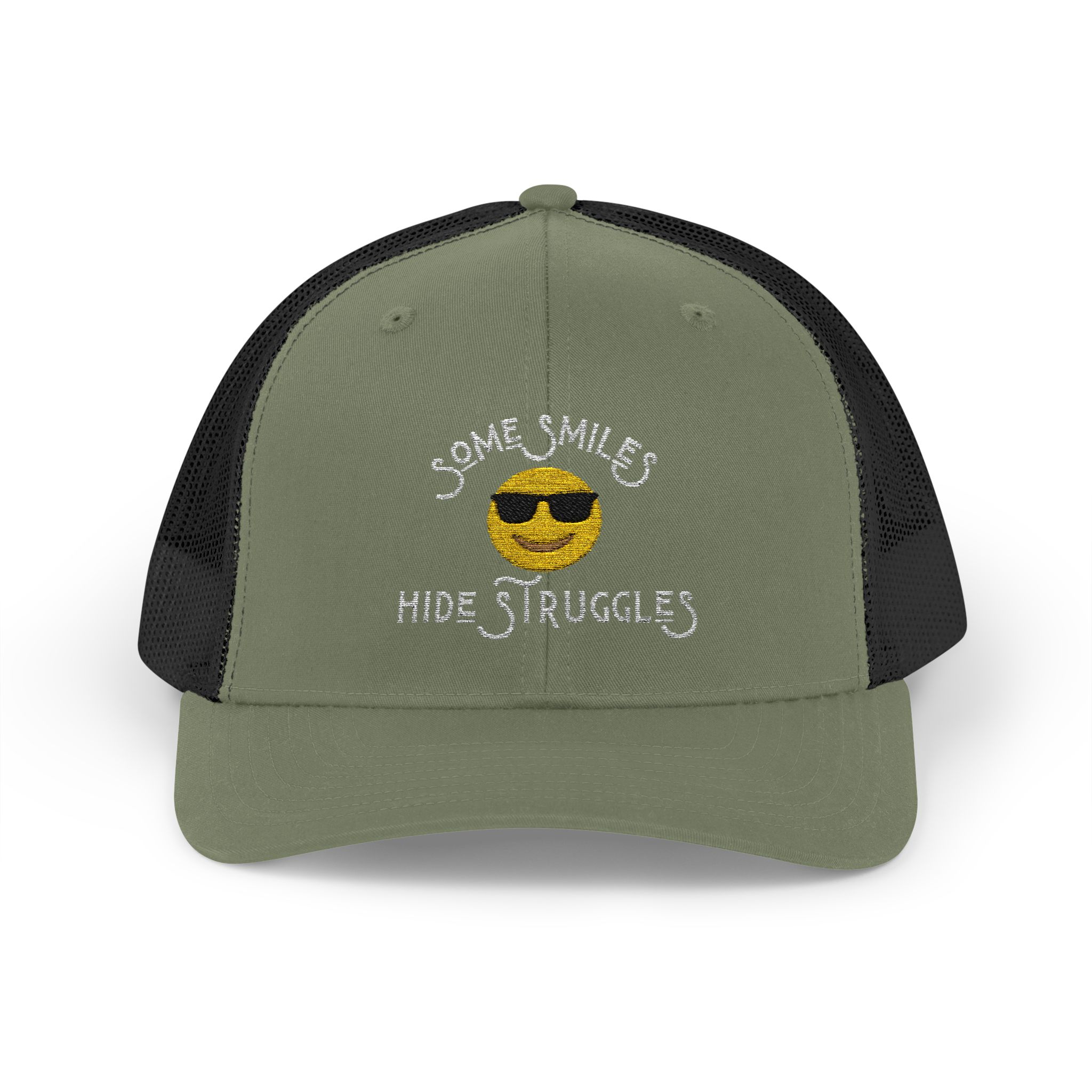 "Some Smiles Hide Struggles" Embroidered Trucker Cap in Loden/Black front view