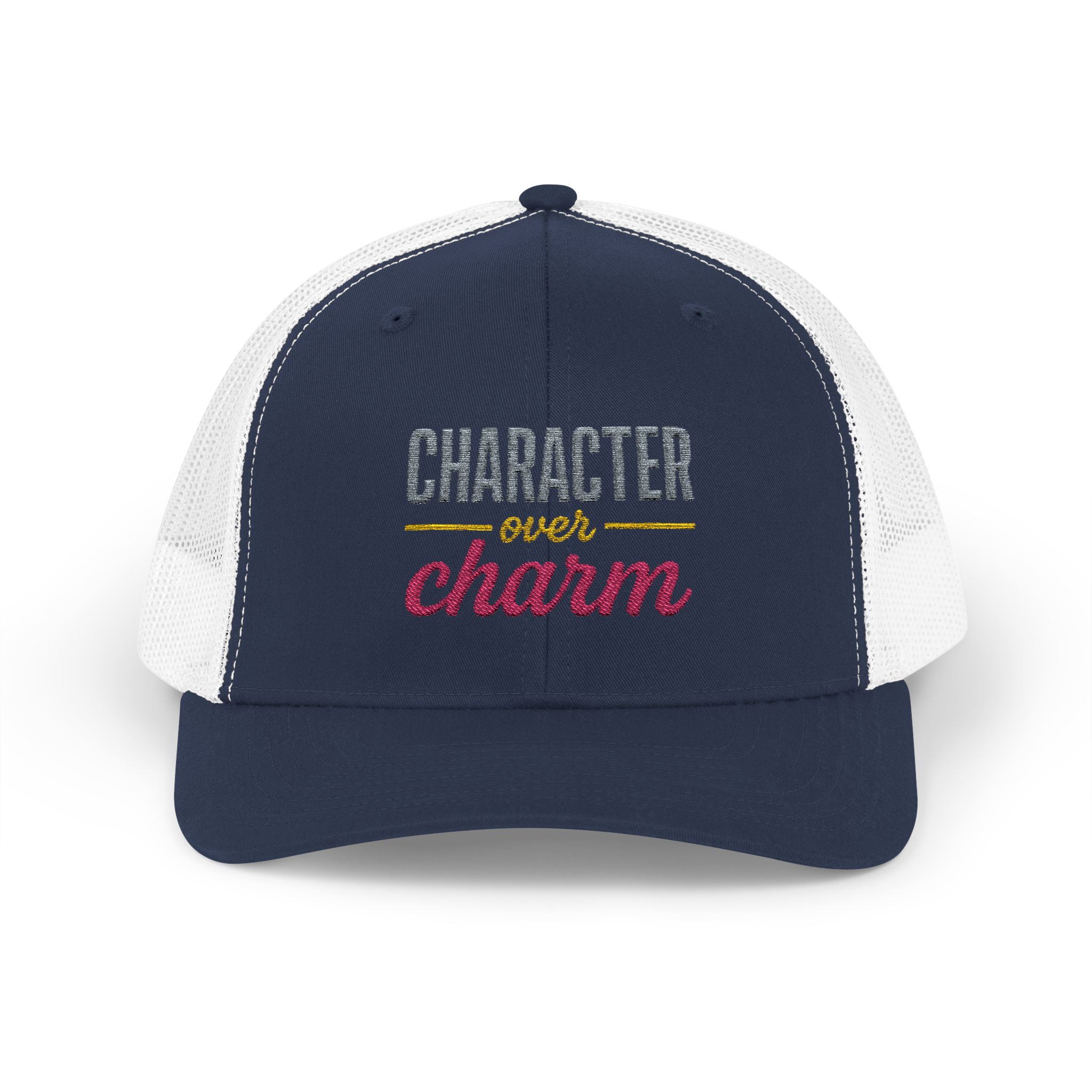 "Character Over Charm" Embroidered Trucker Cap in Navy/White front view