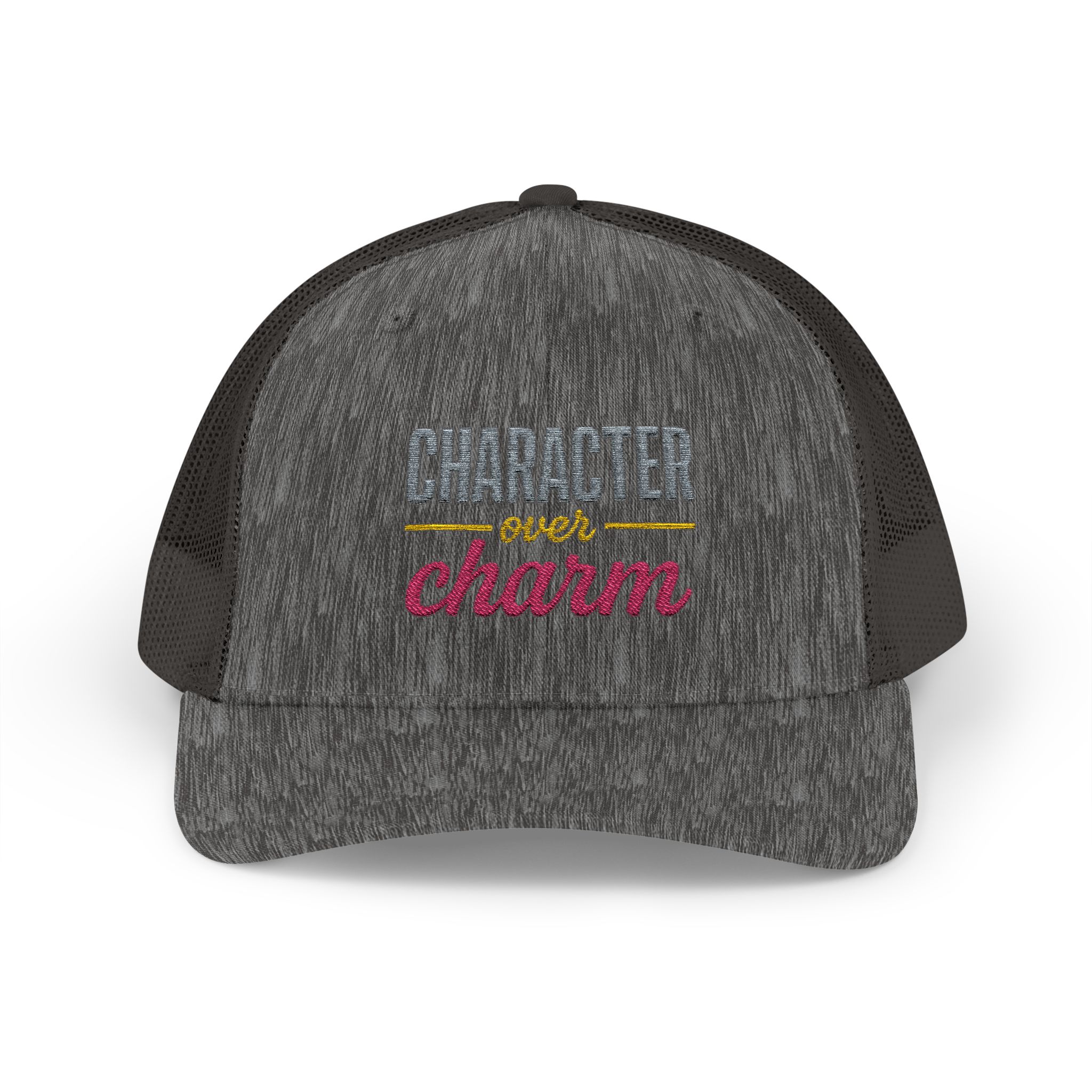 "Character Over Charm" Embroidered Trucker Cap in Dark Heather Gray (Both) front view