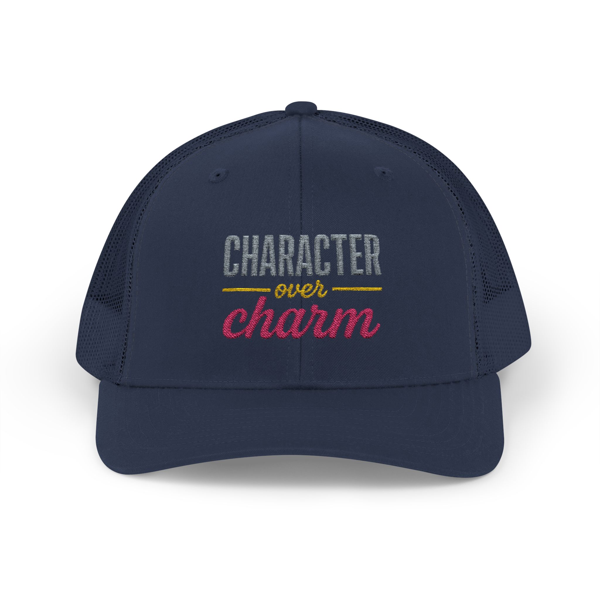 "Character Over Charm" Embroidered Trucker Cap in Navy (both) front view